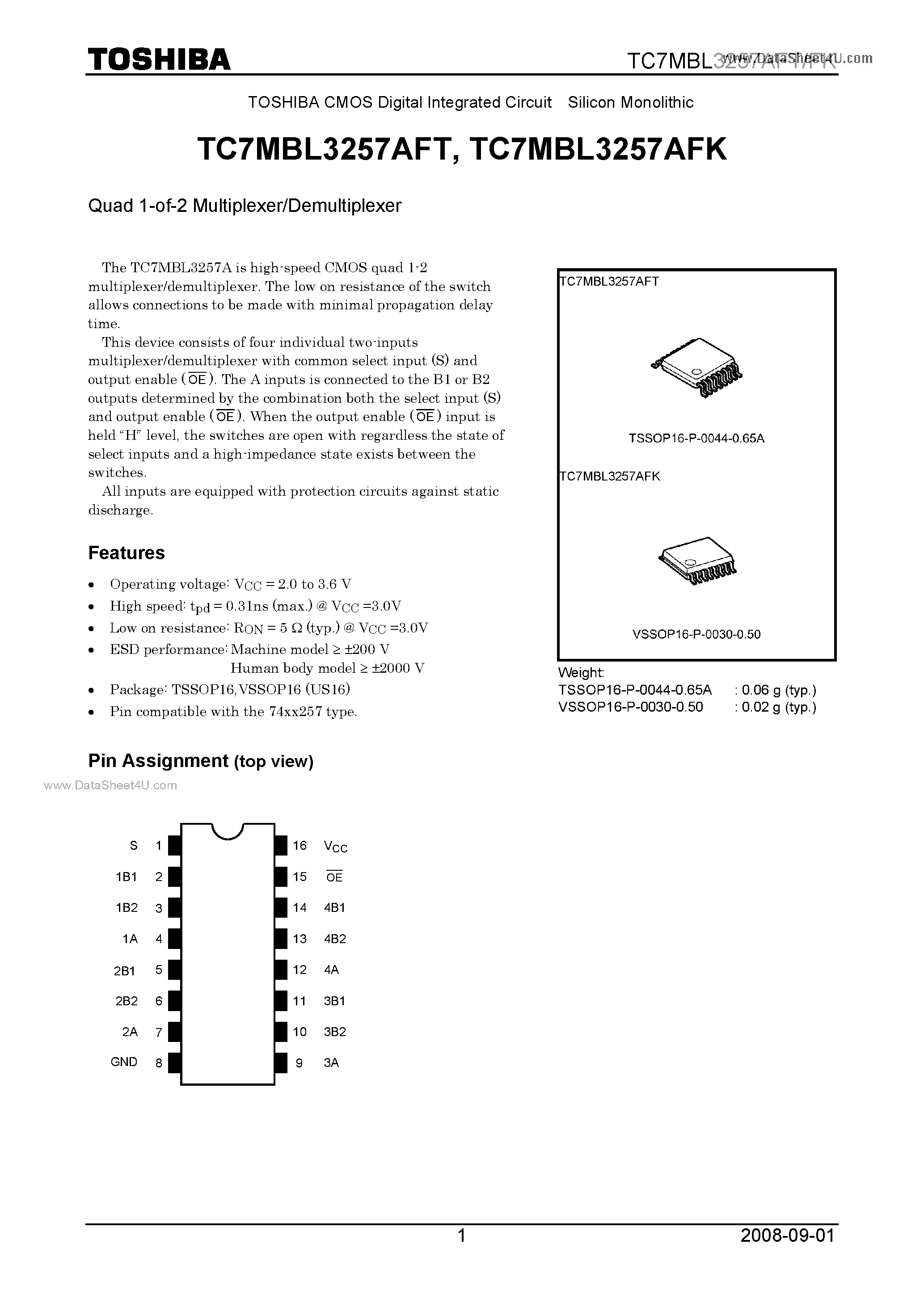 Datasheet TC7MBL3257AFT - Quad 1-of-2 Multiplexer/Demultiplexer page 1