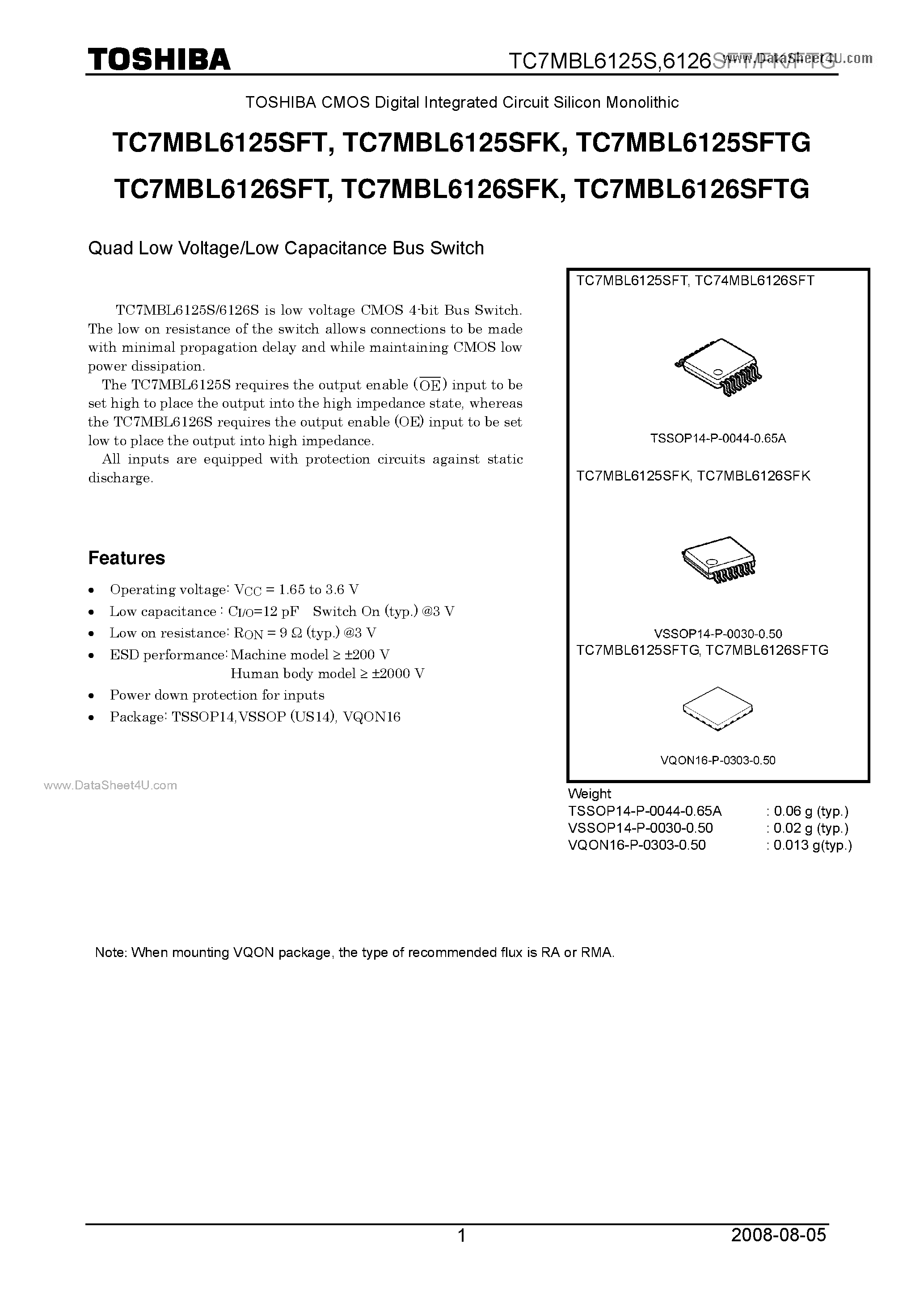 Datasheet TC7MBL6125SFK page 1 Datasheet TC7MBL6125SFK - Quad Low Voltage/Low Capacitance Bus Switch page 1