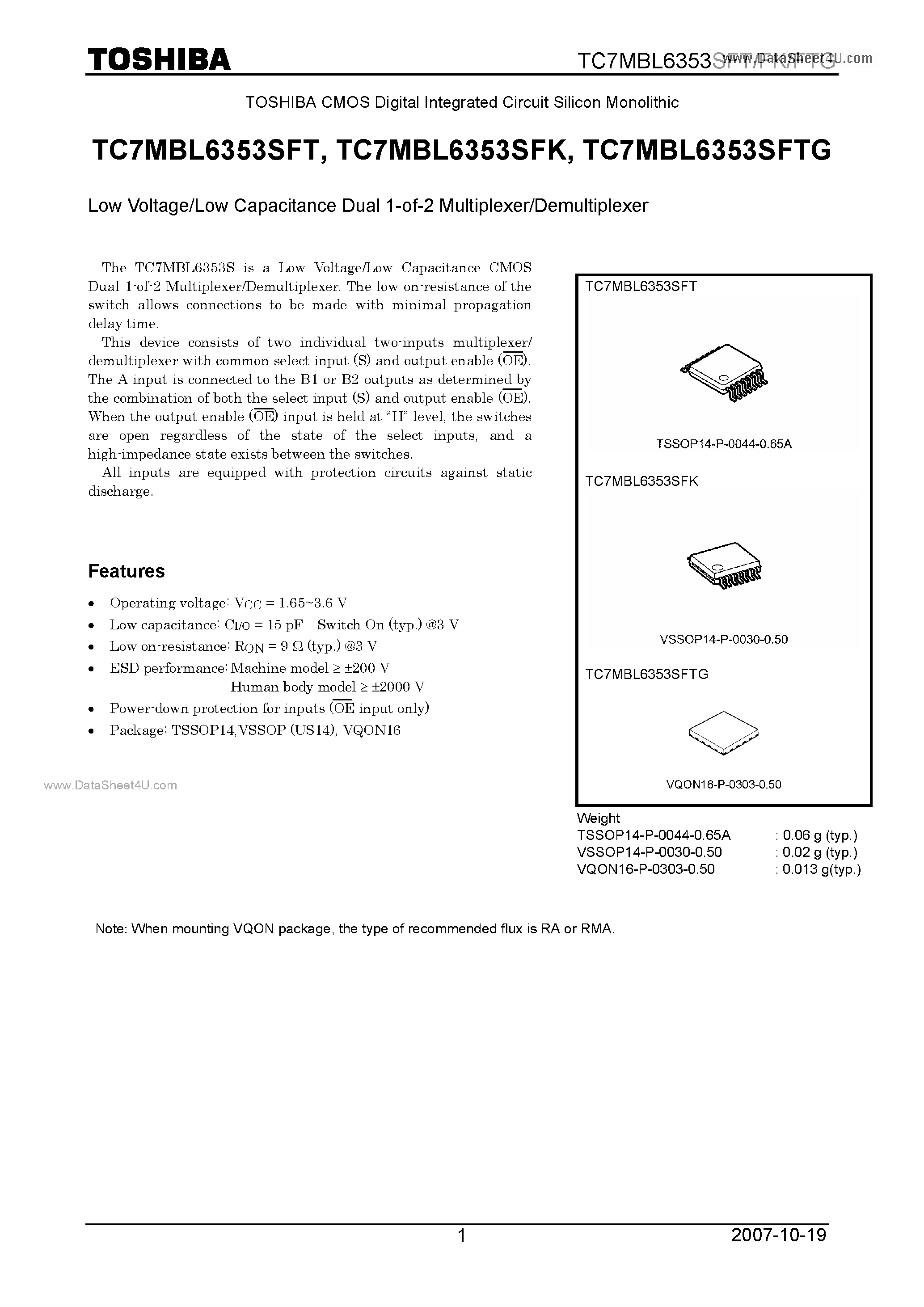 Datasheet TC7MBL6353SFK - Low Voltage/Low Capacitance Dual 1-of-2 Multiplexer/Demultiplexer page 1