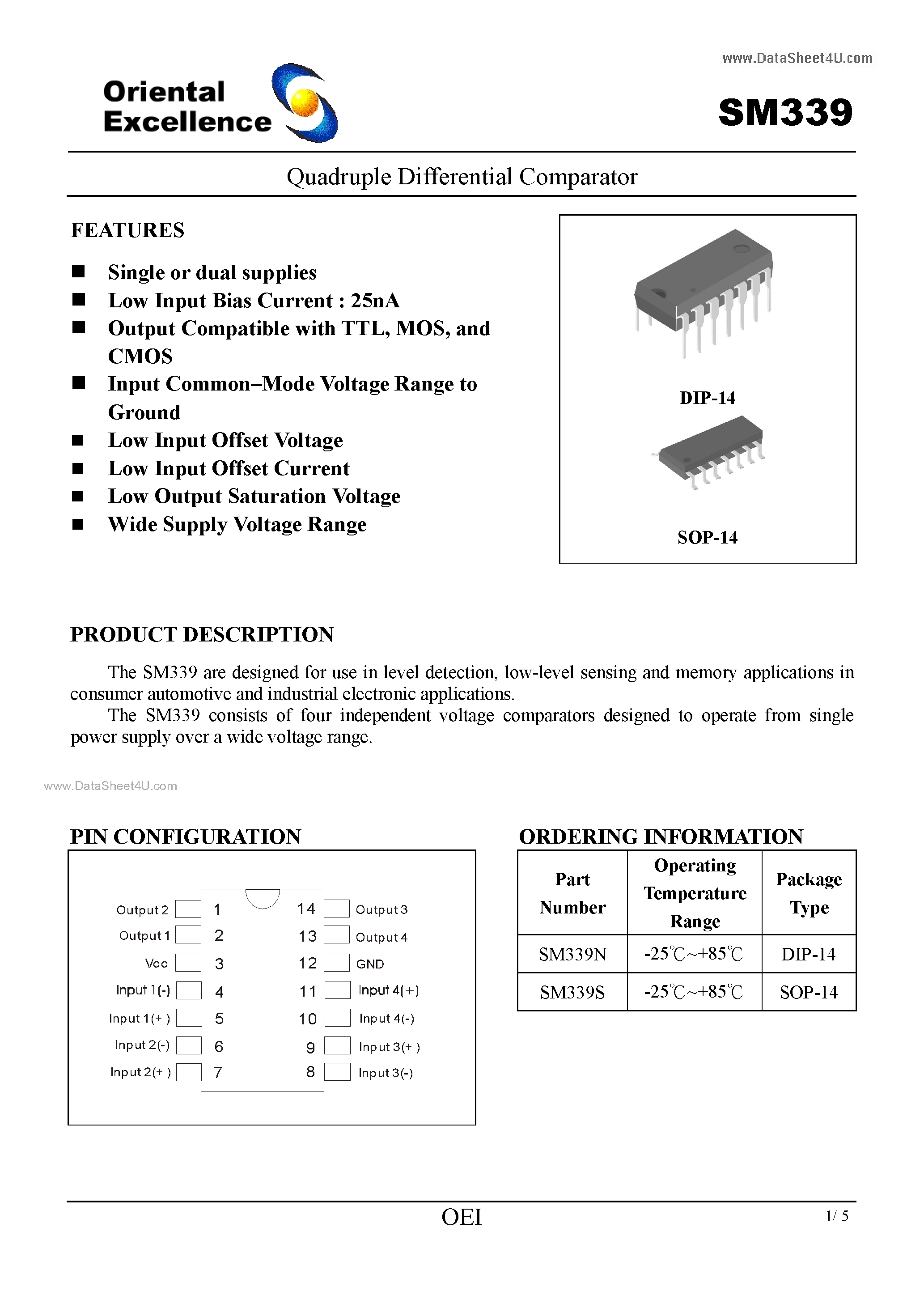 Datasheet SM339 page 1 Datasheet SM339 - Quadruple Differential Comparator page 1