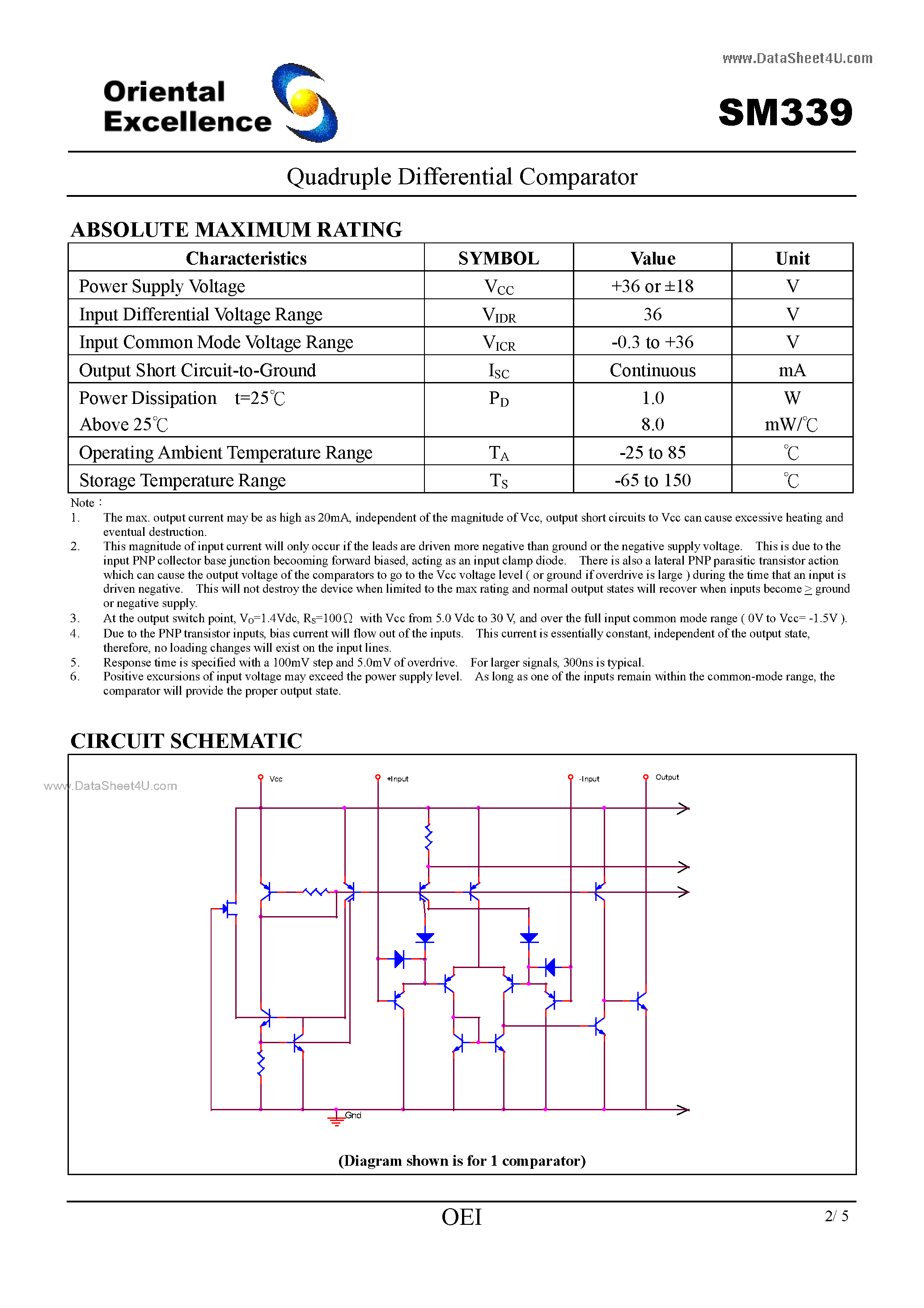 Datasheet SM339 page 2 Datasheet SM339 - Quadruple Differential Comparator page 2