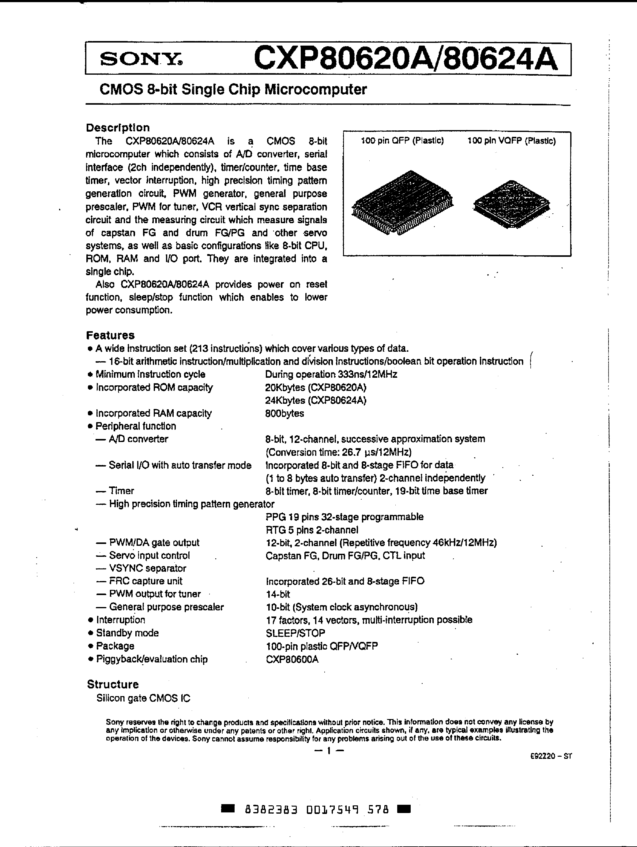Даташит на микросхему CXP80620A страница 1 Даташит CXP80620A - CMOS 8-Bit Single Chip Microcomputer страница 1