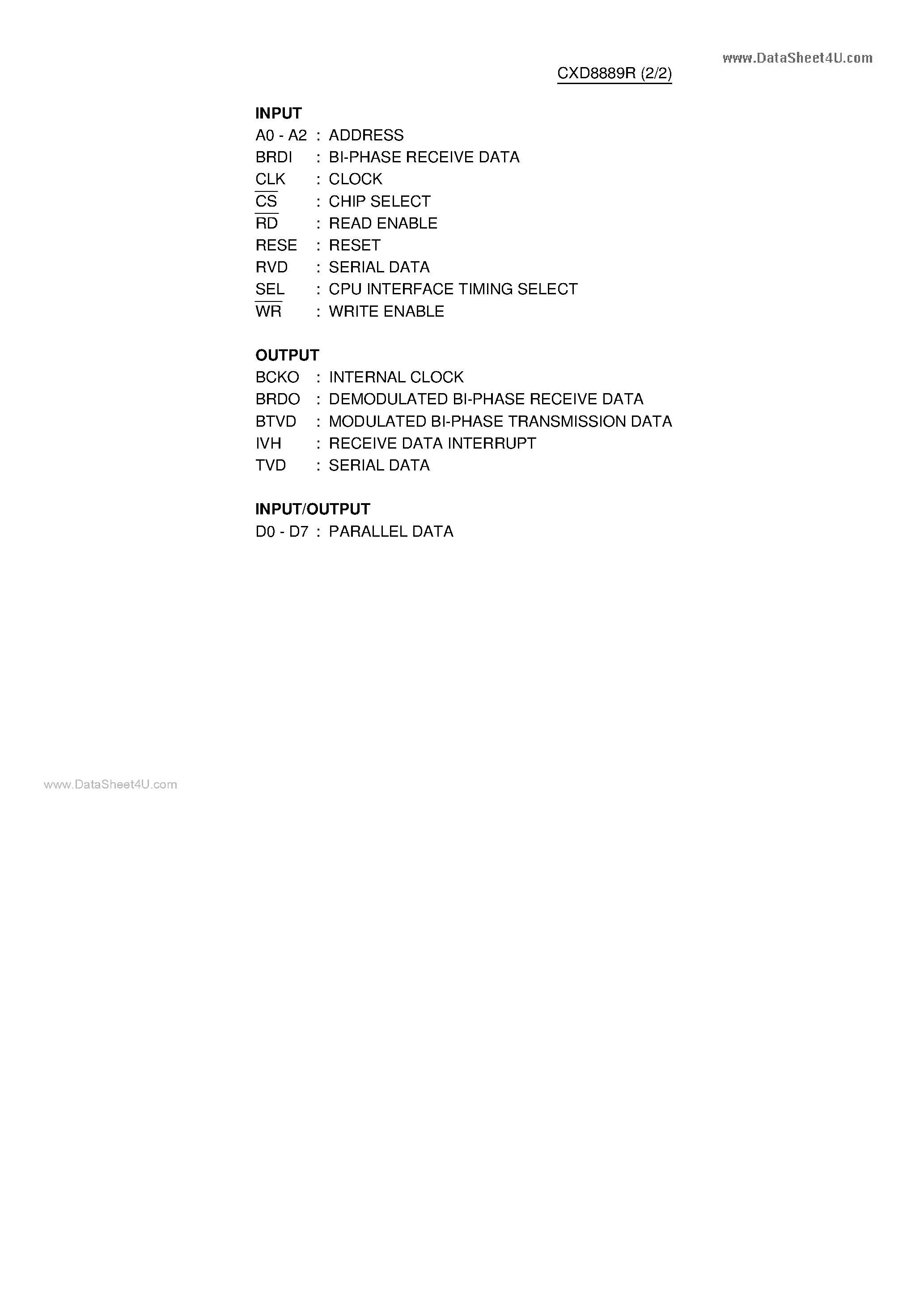 Даташит CXD8889R - C-MOS SERIAL I/O страница 2