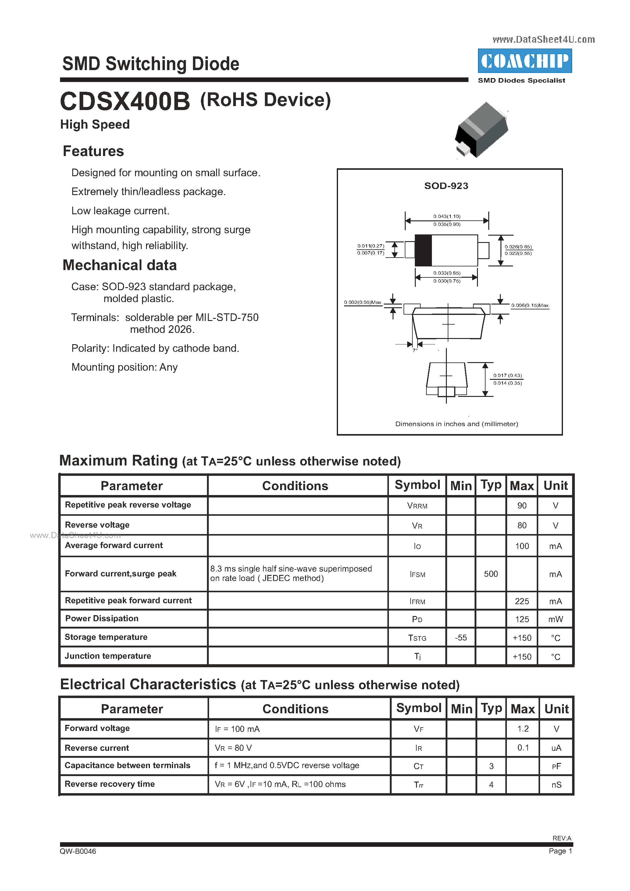Даташит на микросхему CDSX400B страница 1 Даташит CDSX400B - SMD Switching Diode страница 1