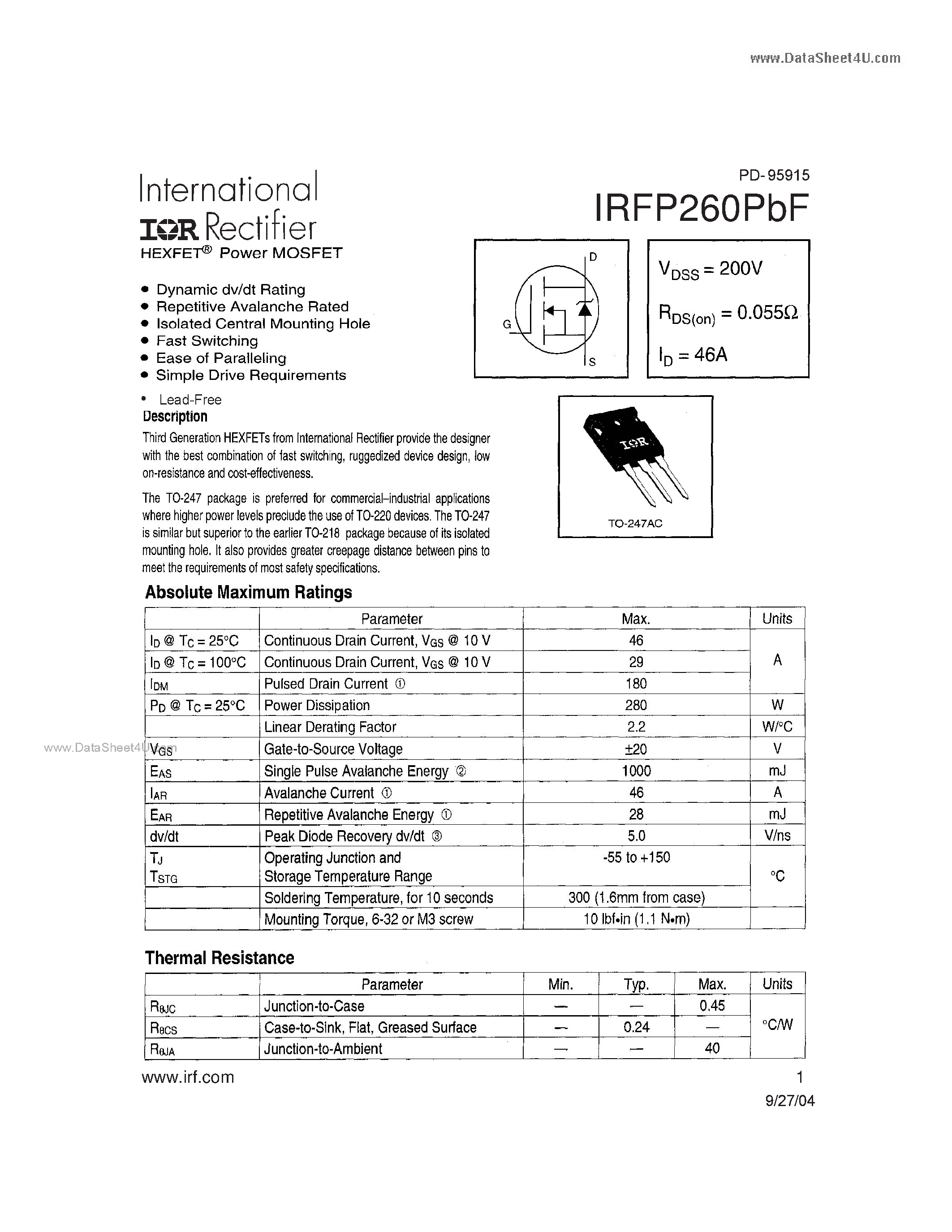 Datasheet IRFP260PBF - Power MOSFET page 1