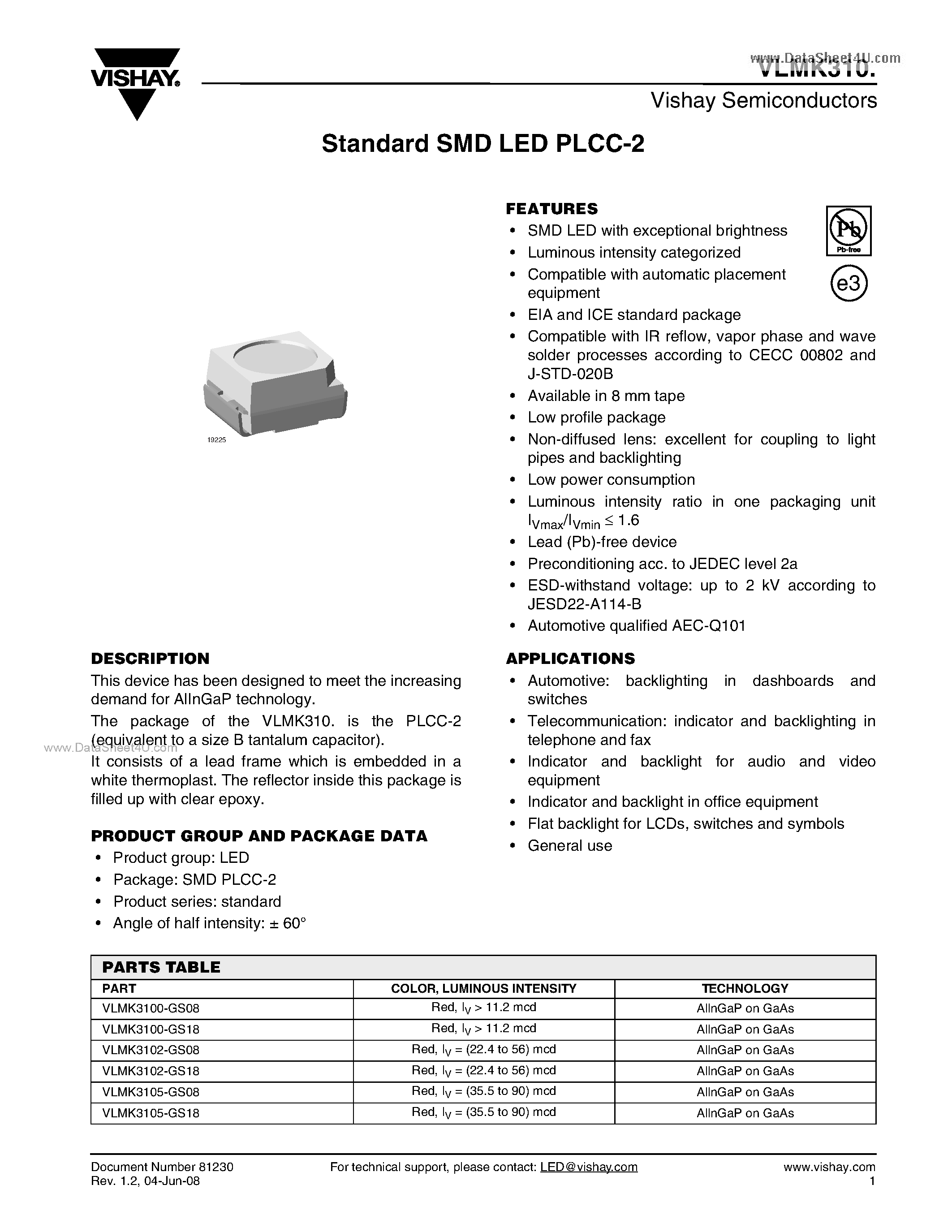Datasheet VLMK310 page 1 Datasheet VLMK310 - Standard SMD LED PLCC-2 page 1