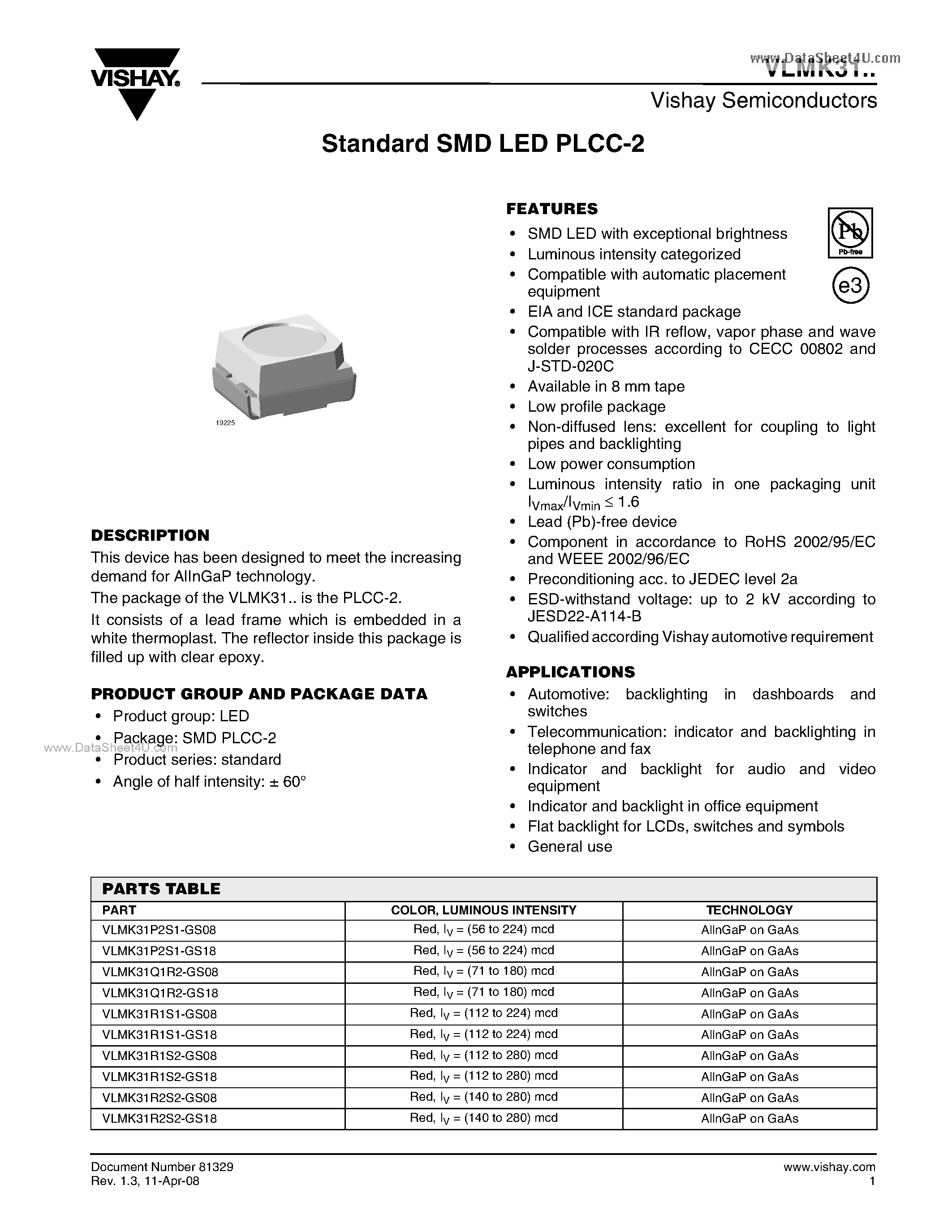 Datasheet VLMK31 - Standard SMD LED PLCC-2 page 1