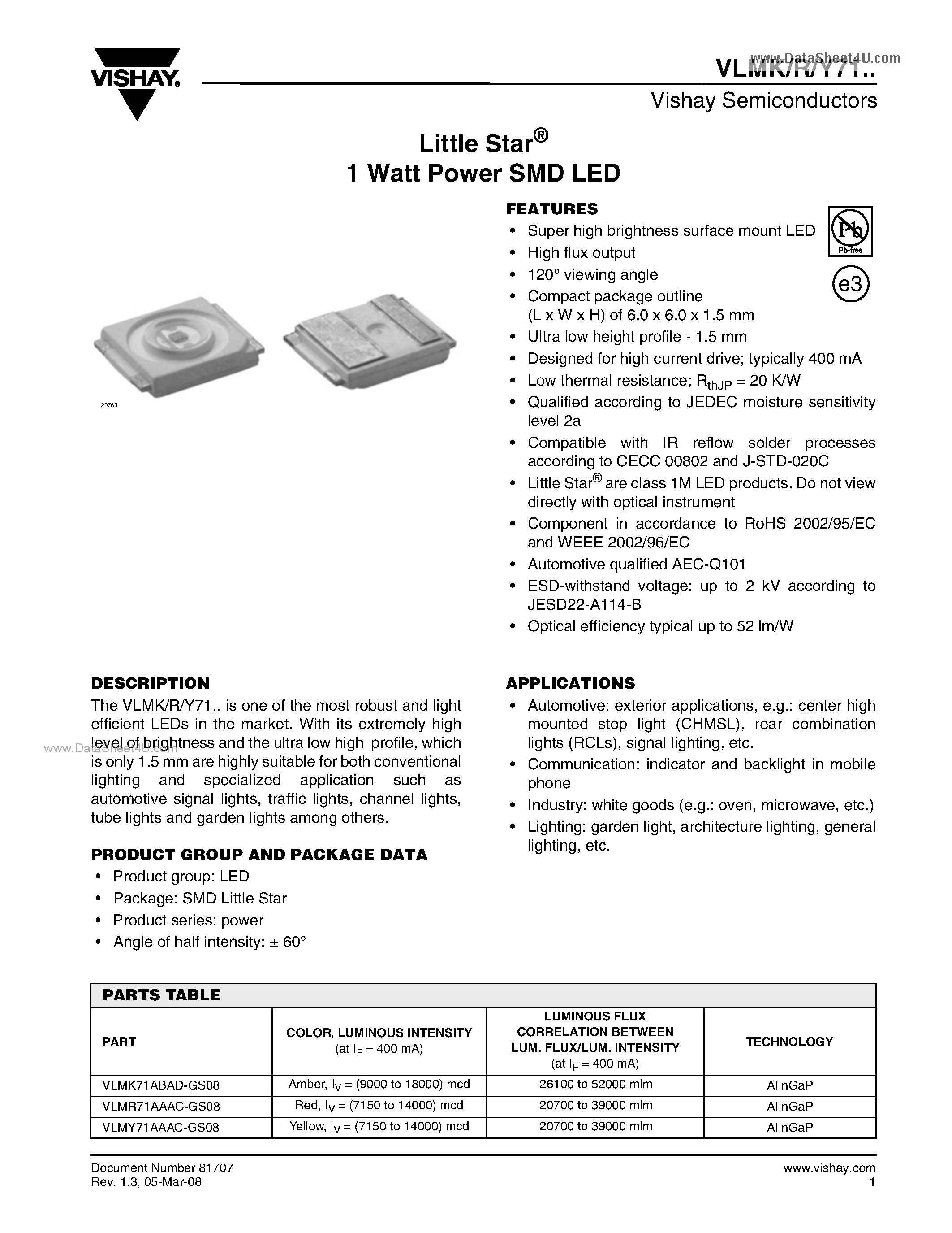 Datasheet VLMK71 page 1 Datasheet VLMK71 - 1 Watt Power SMD LED page 1