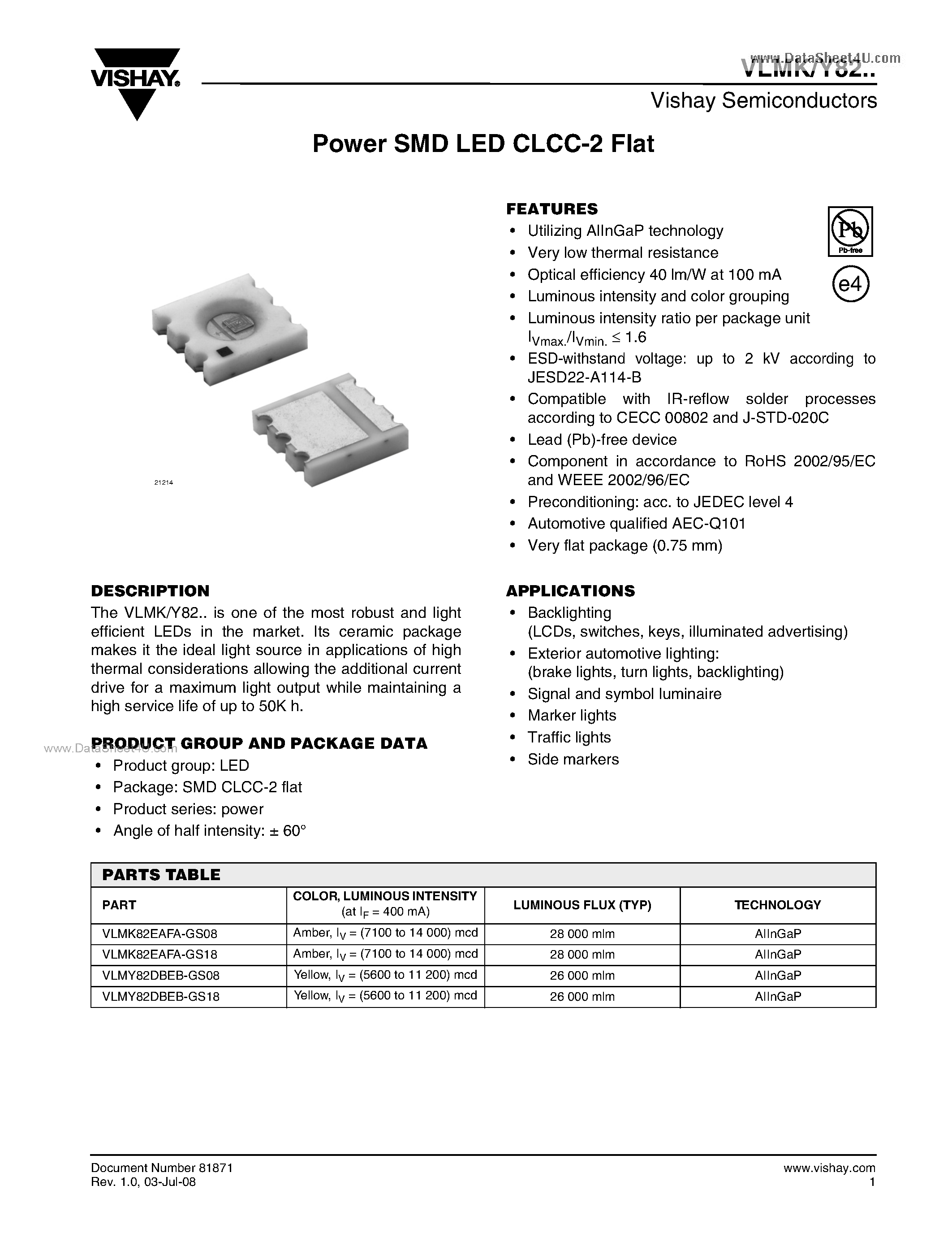 Datasheet VLMK82 - Power SMD LED CLCC-2 Flat page 1