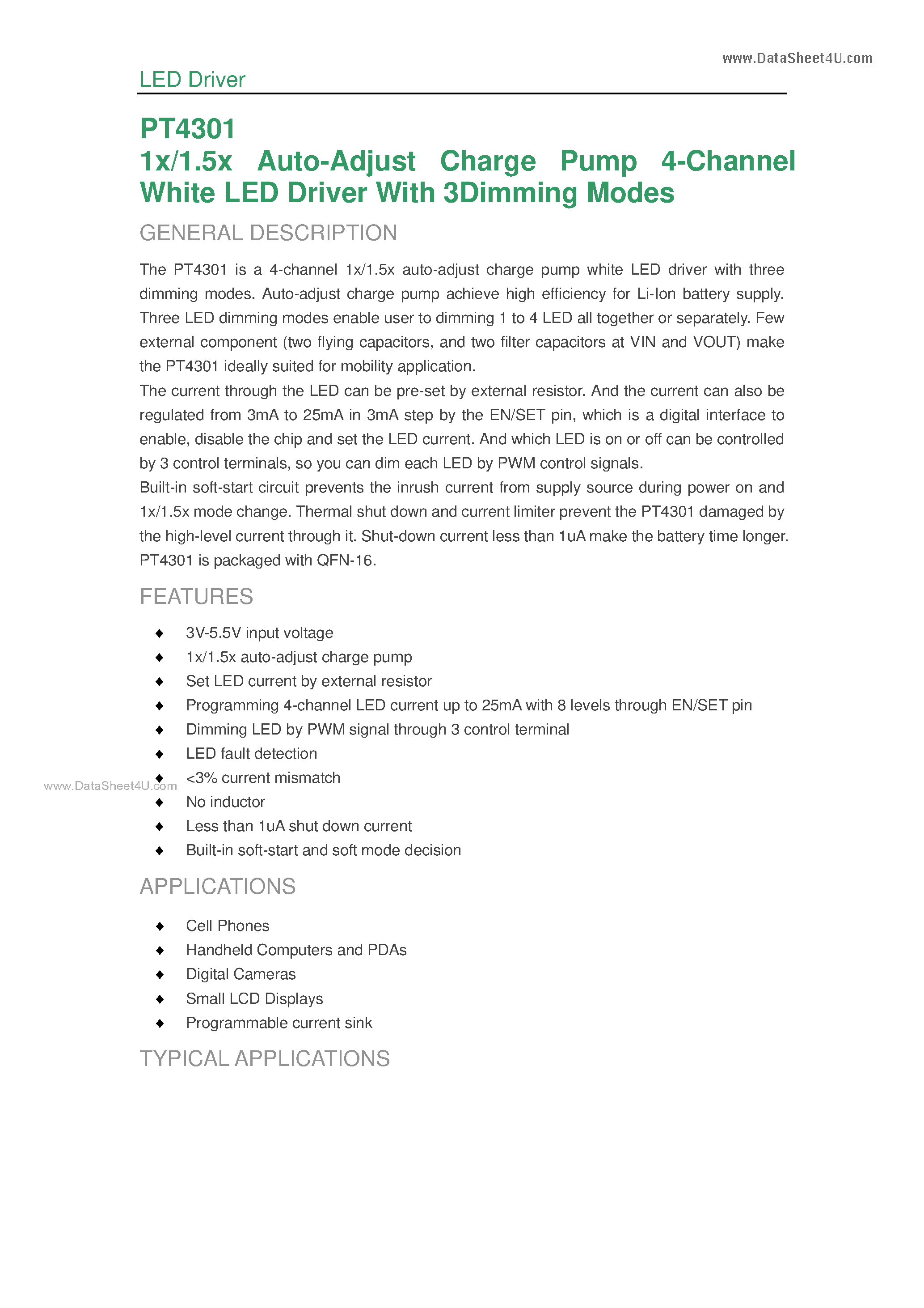 Datasheet PT4301 - 1x/1.5x Auto-Adjust Charge Pump 4-Channel White LED Driver page 1