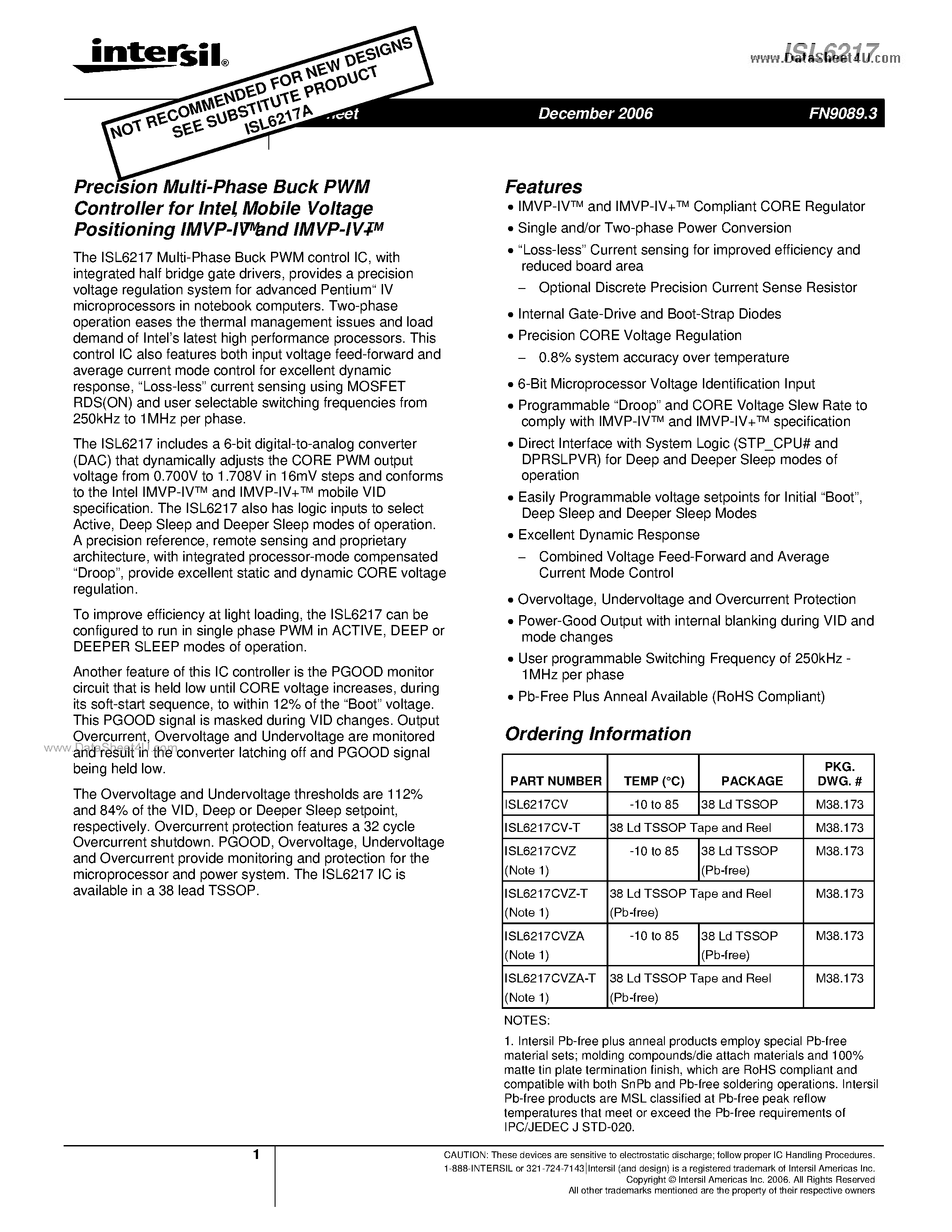 Datasheet ISL6217 page 1 Datasheet ISL6217 - Precision Multi-Phase Buck PWM Controller page 1