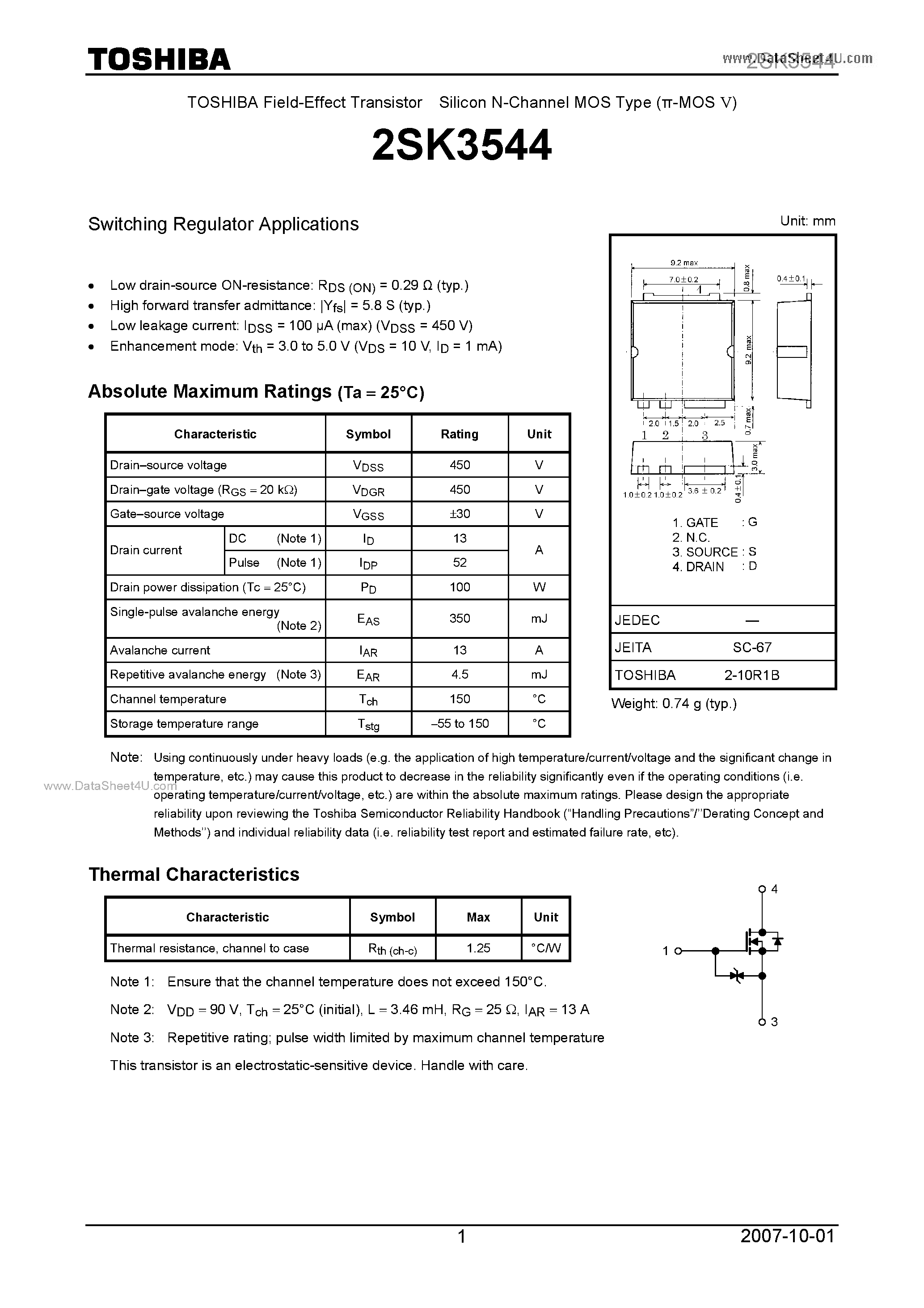 Datasheet 2SK3544 - Silicon N-Channel MOS Type Switching Regulator Applications page 1