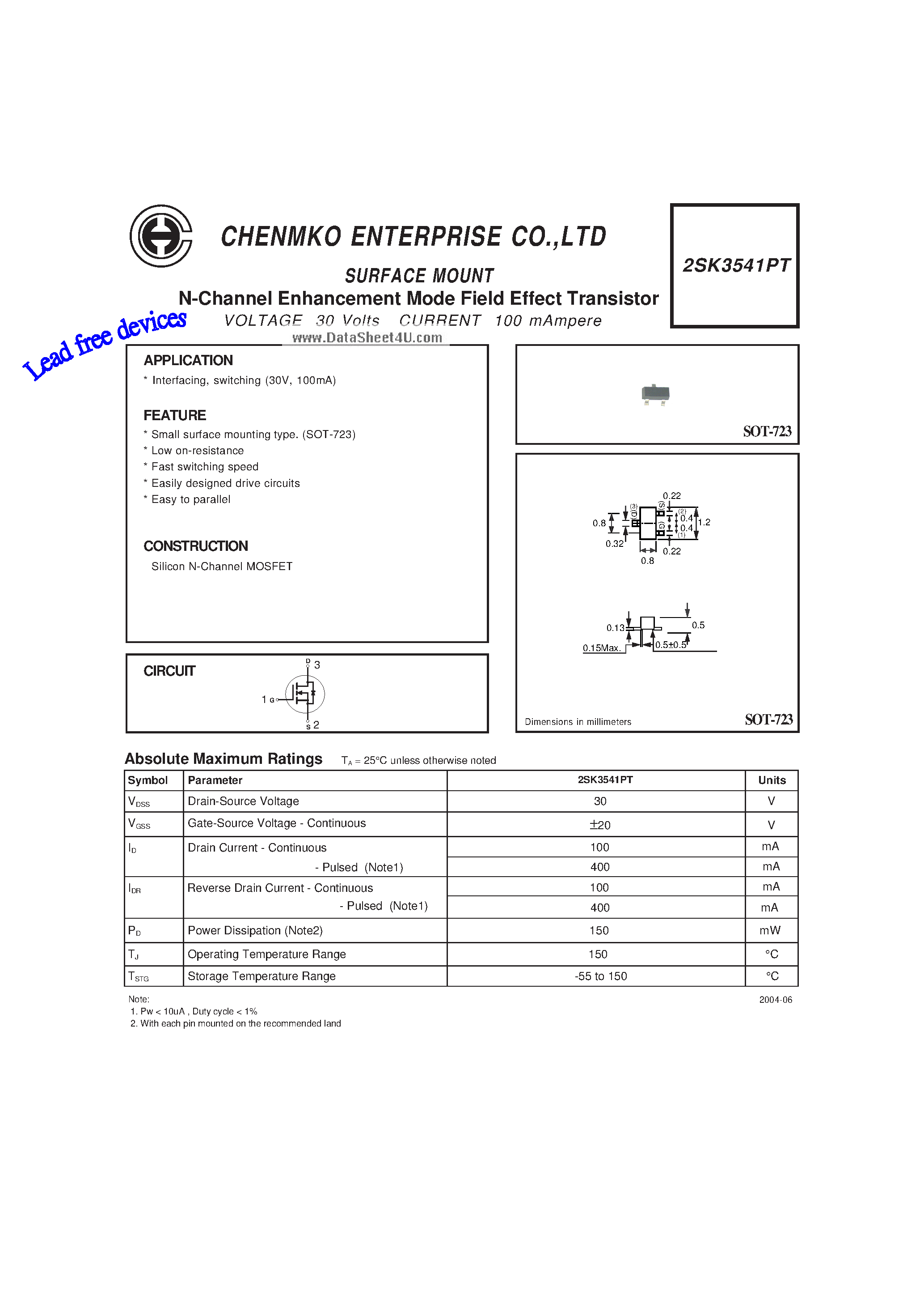 Datasheet 2SK3541PT - N-Channel Enhancement Mode Field Effect Transistor page 1