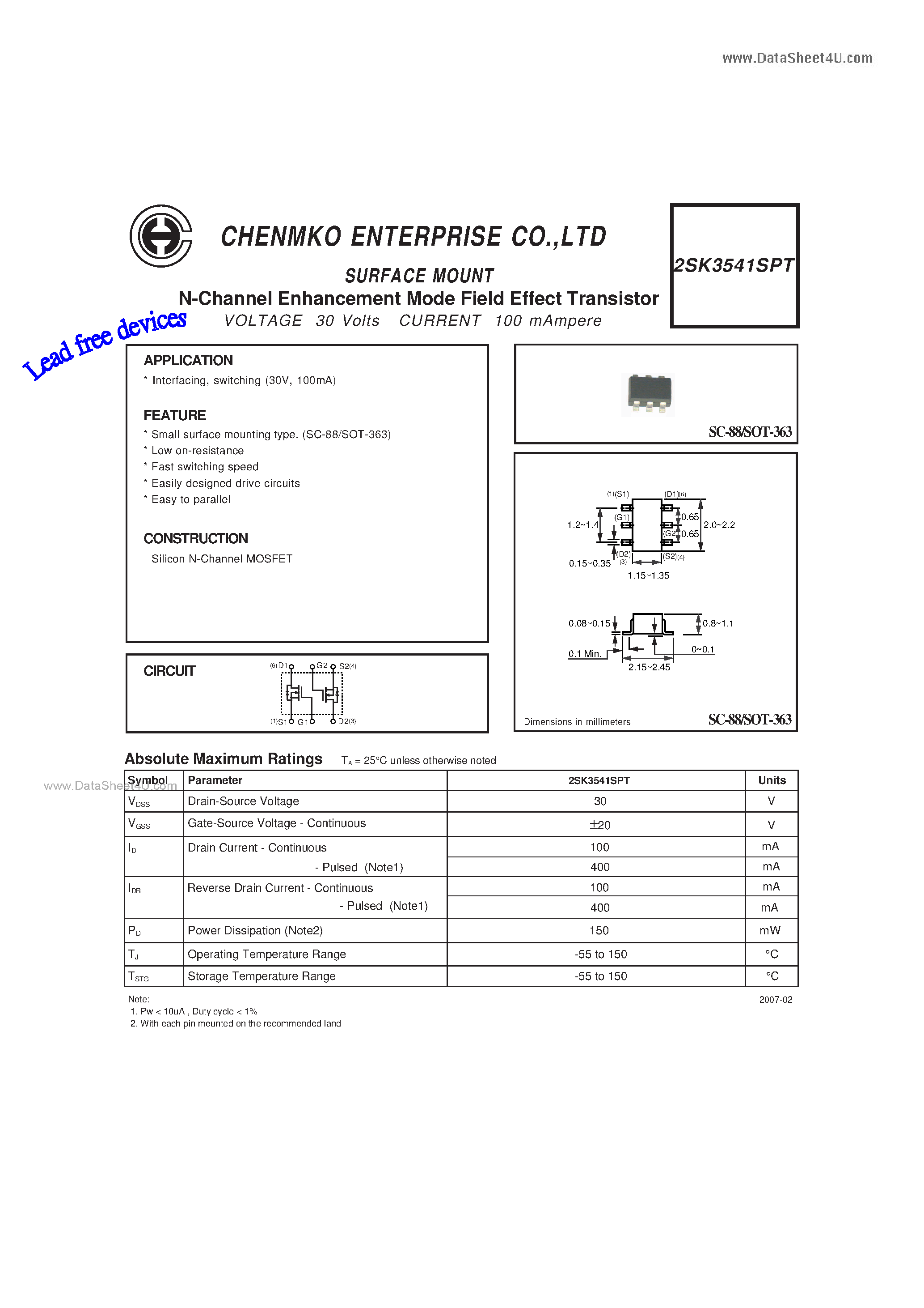 Datasheet 2SK3541SPT - N-Channel Enhancement Mode Field Effect Transistor page 1