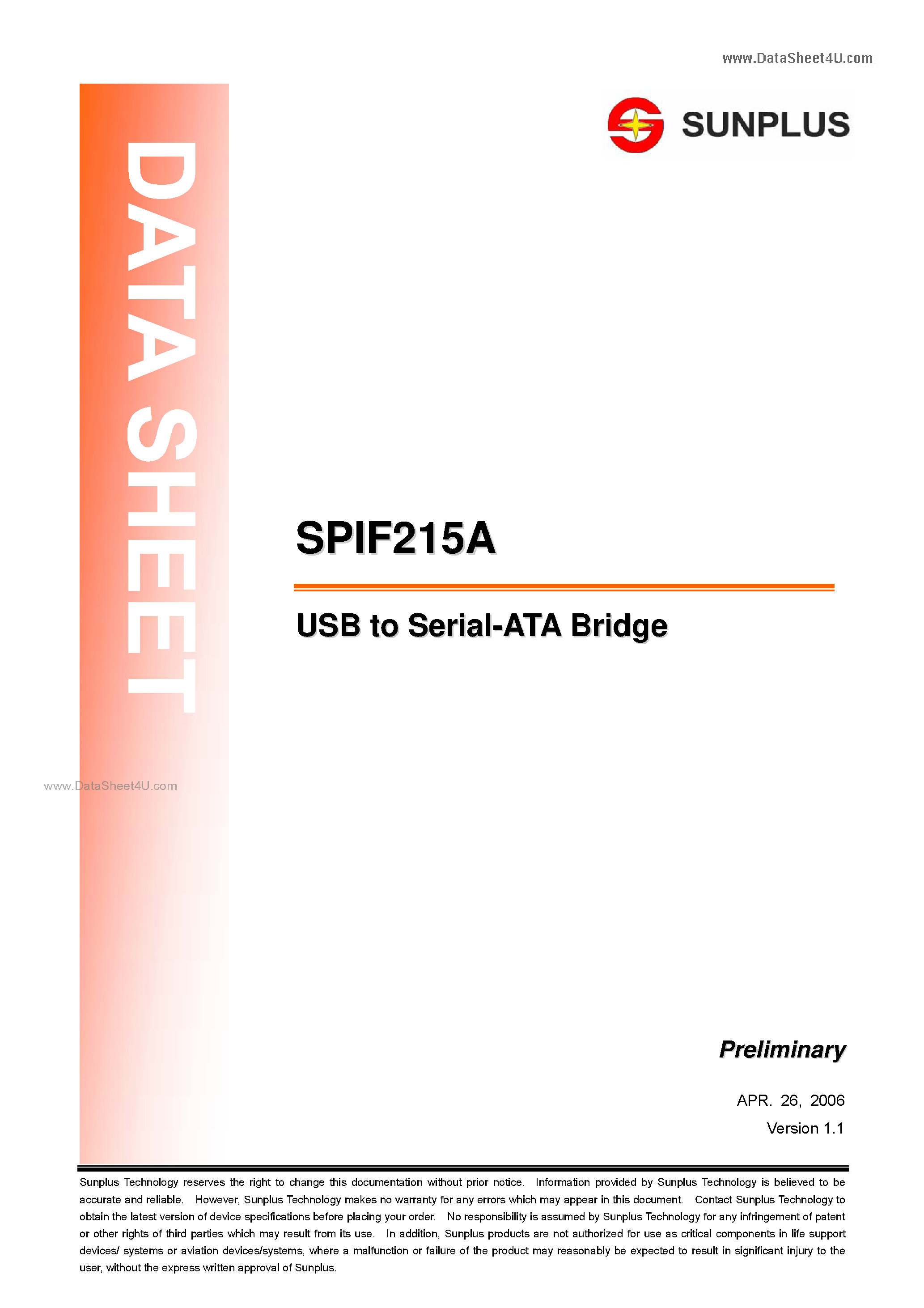 Даташит на микросхему SPIF215A страница 1 Даташит SPIF215A - USB to Serial AYA Bridge страница 1