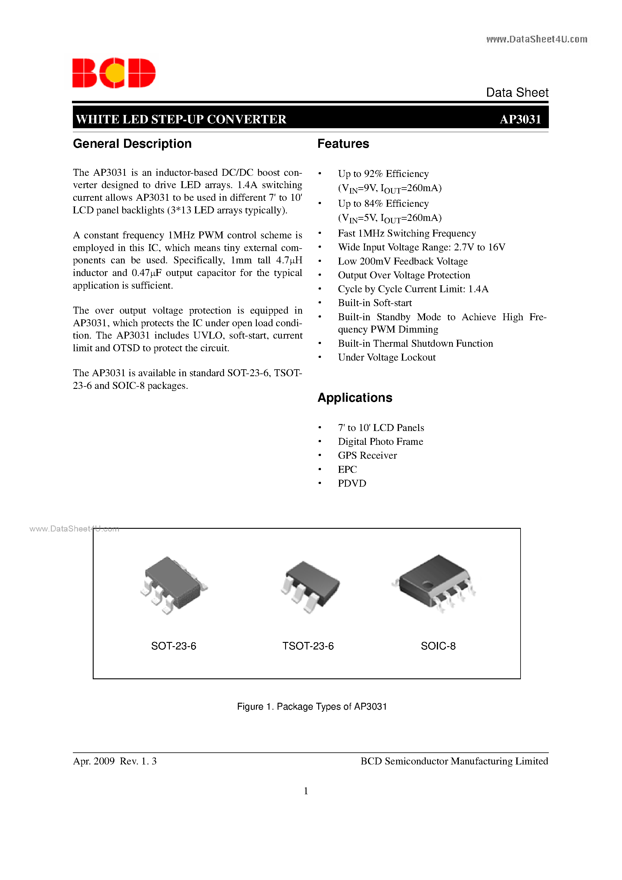 Даташит AP3031 - WHITE LED STEP-UP CONVERTER страница 1