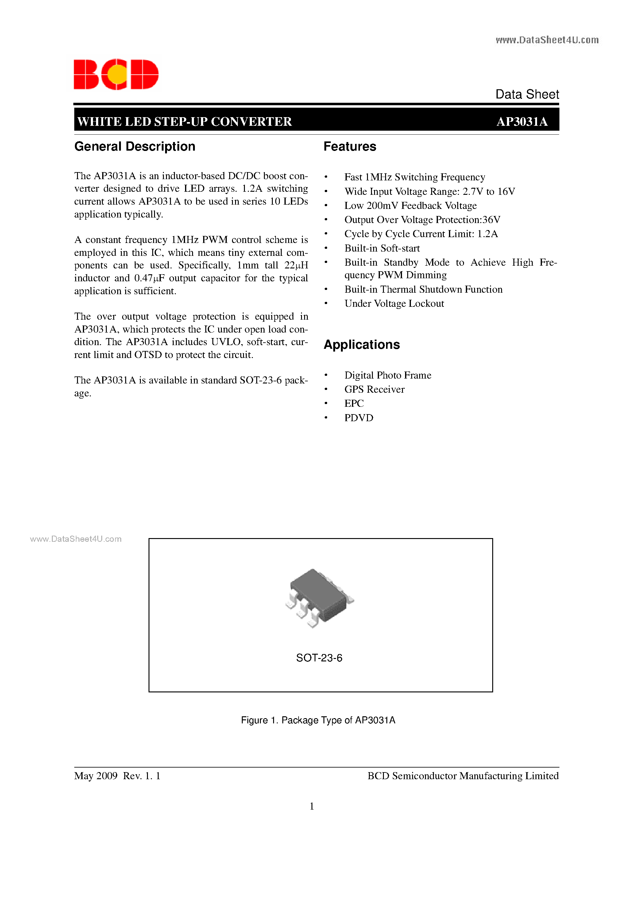 Даташит AP3031A - WHITE LED STEP-UP CONVERTER страница 1