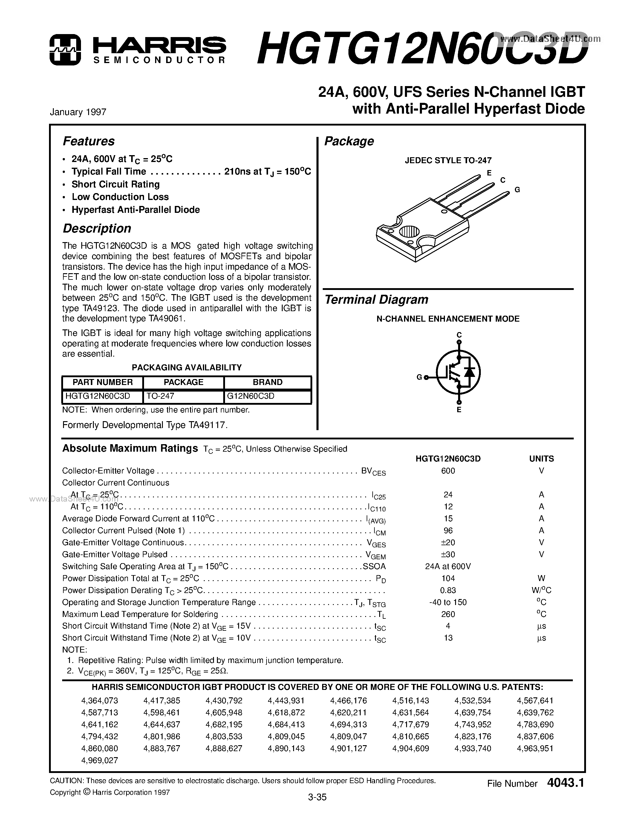 Datasheet HGTG12N60C3D - UFS Series N-Channel IGBT page 1