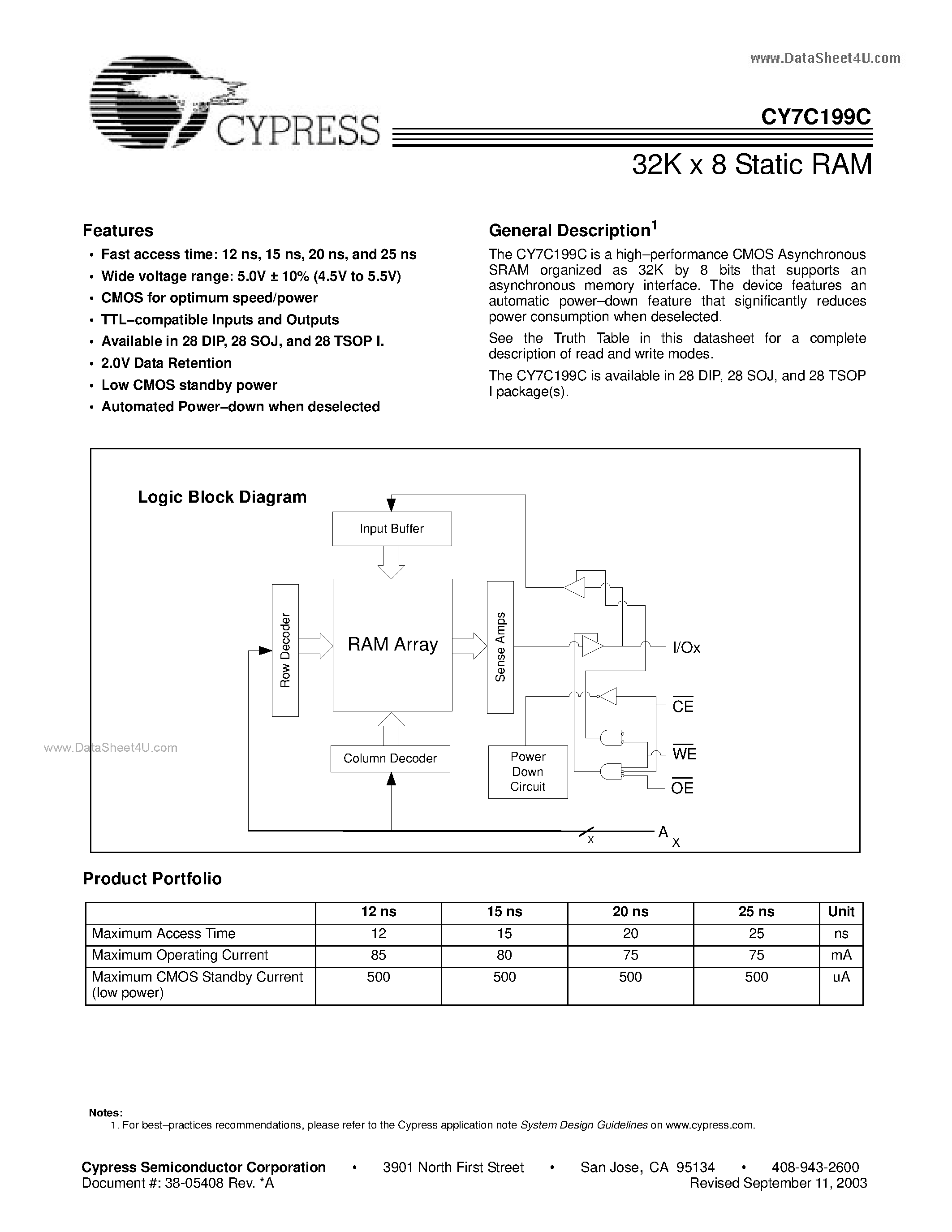Даташит на микросхему CY7C199C страница 1 Даташит CY7C199C - 32K x 8 Static RAM страница 1