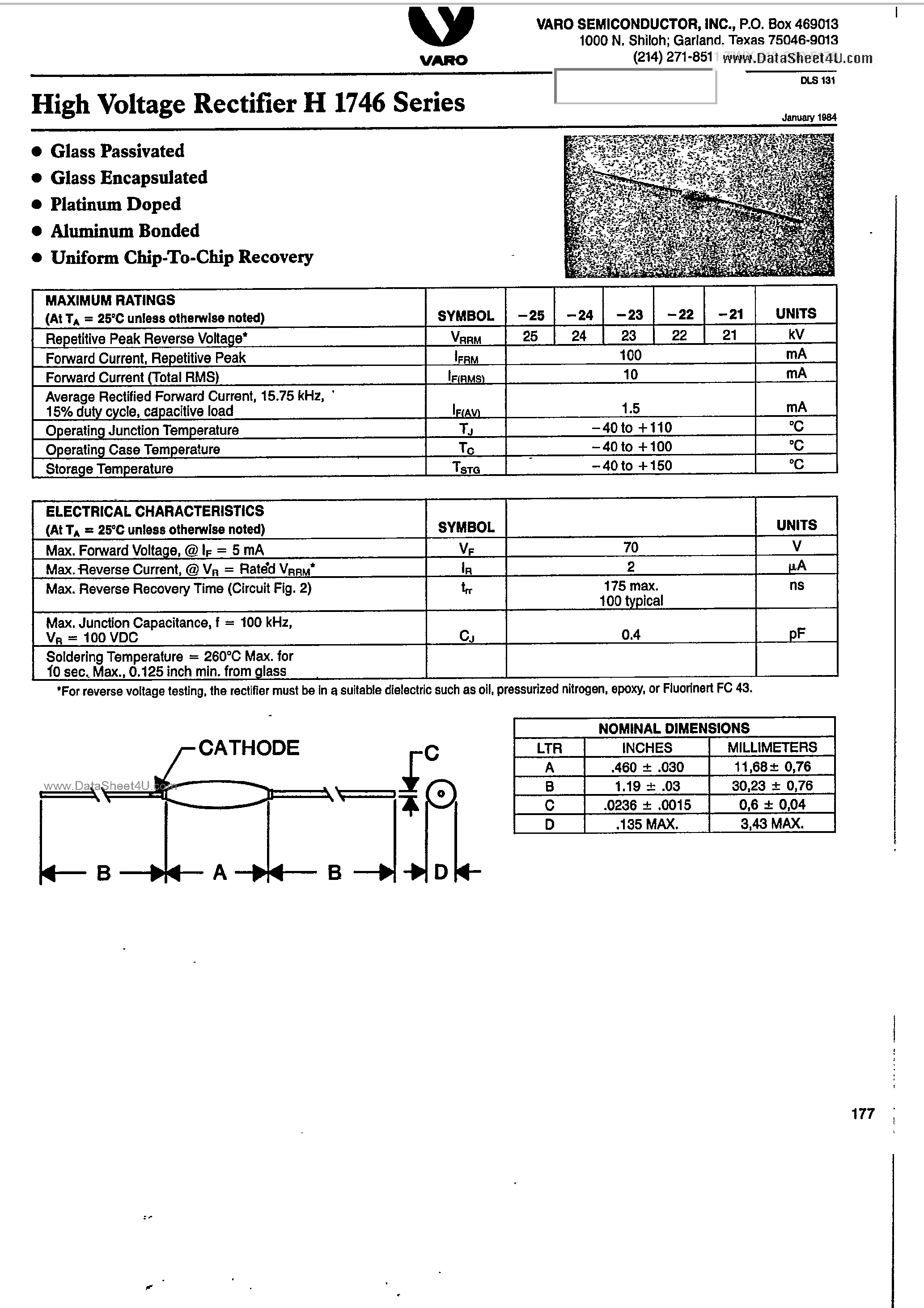 Datasheet H1746 - 21kV Vrrm General Purpose Silicon Rectifier page 1