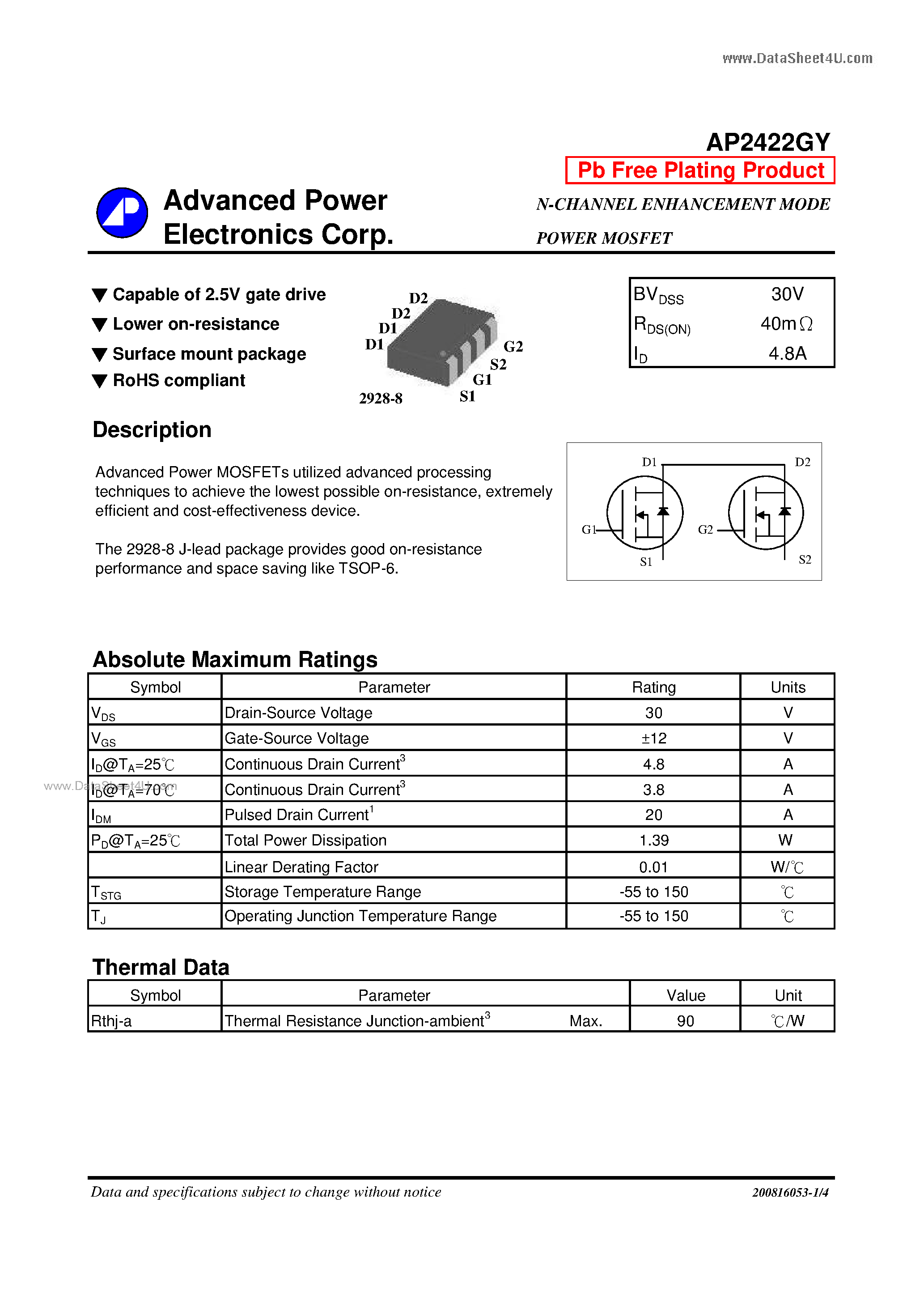 Datasheet AP2422GY - N-CHANNEL ENHANCEMENT MODE POWER MOSFET page 1