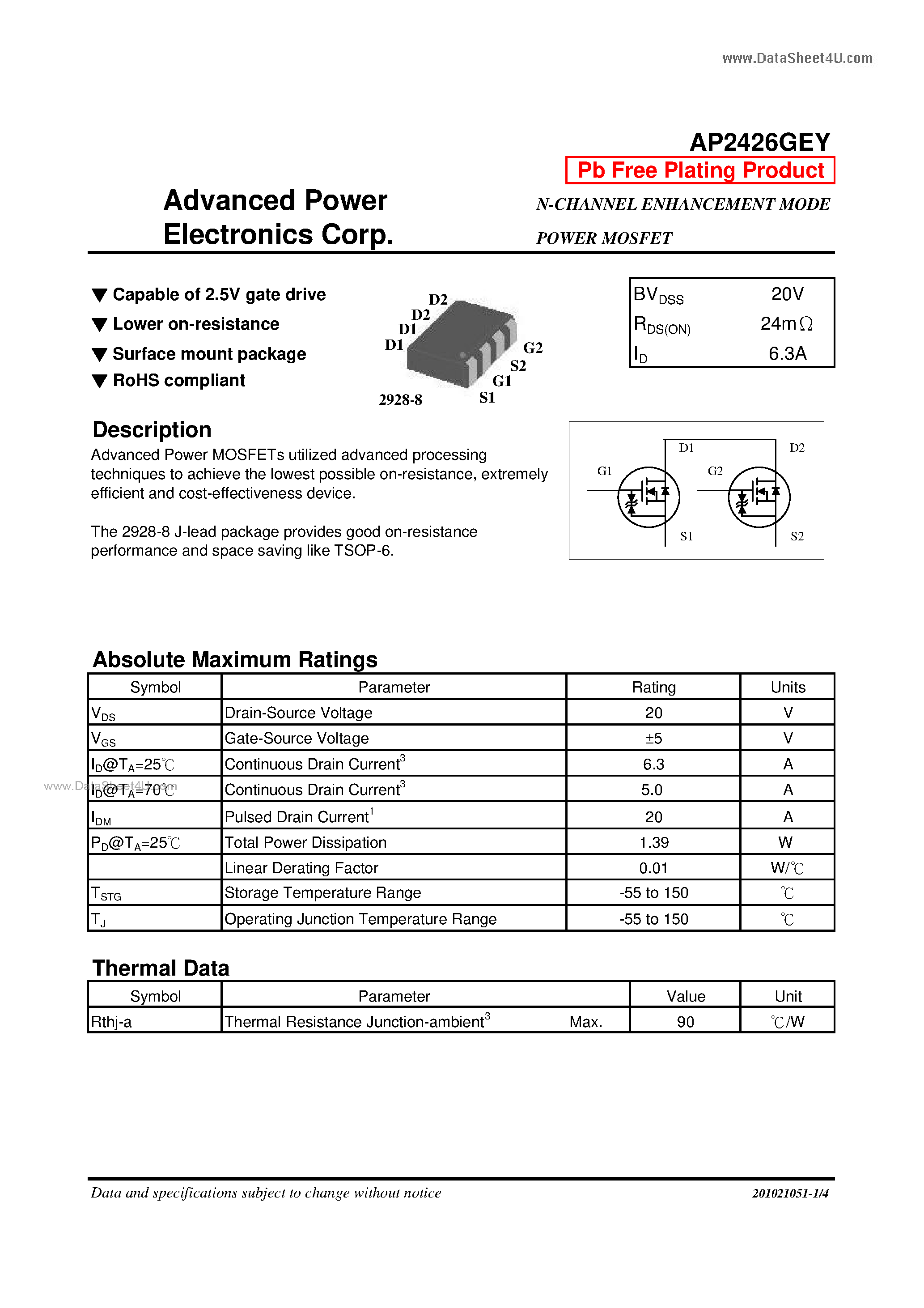 Datasheet AP2426GEY - N-CHANNEL ENHANCEMENT MODE POWER MOSFET page 1
