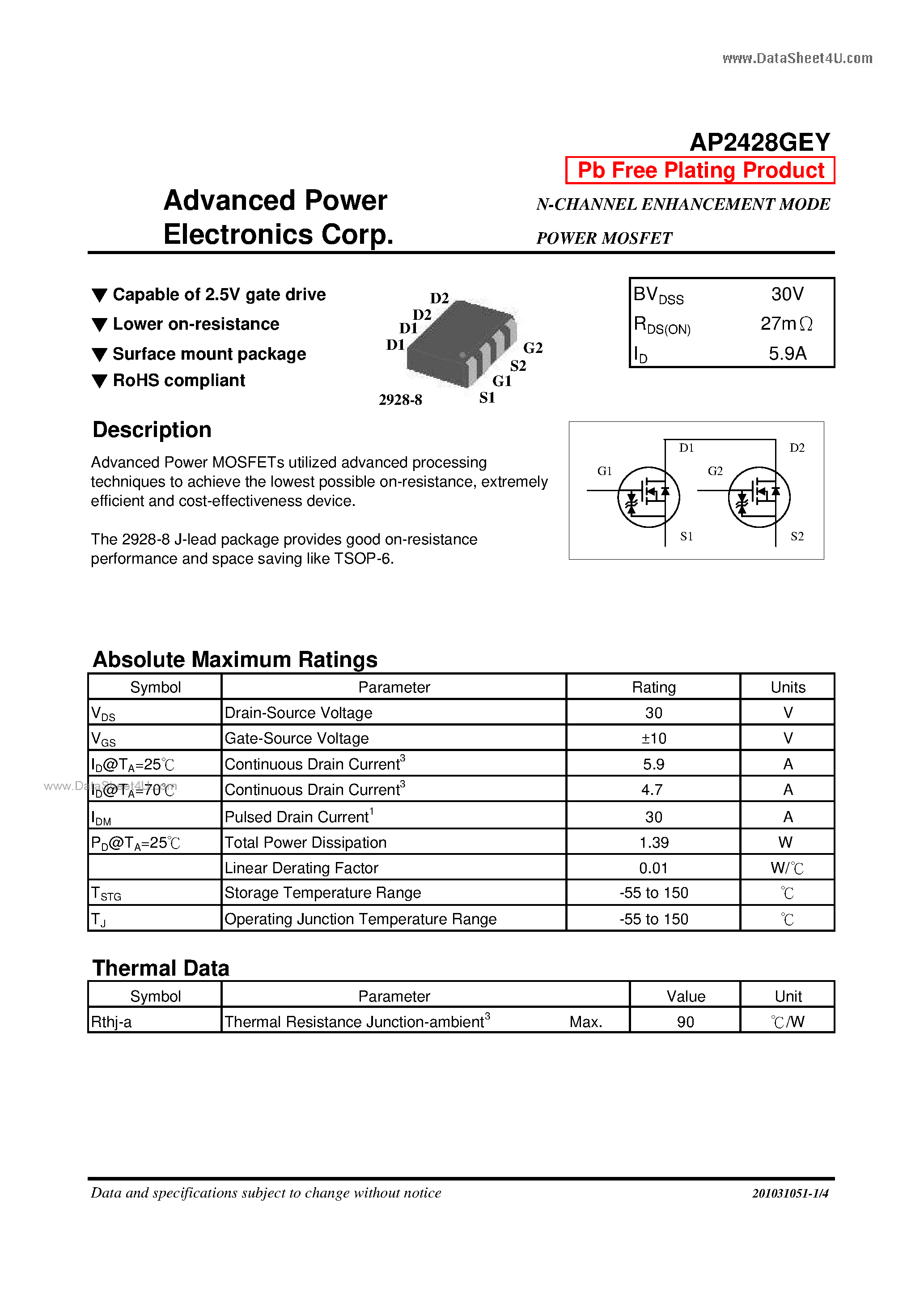 Datasheet AP2428GEY - N-CHANNEL ENHANCEMENT MODE POWER MOSFET page 1