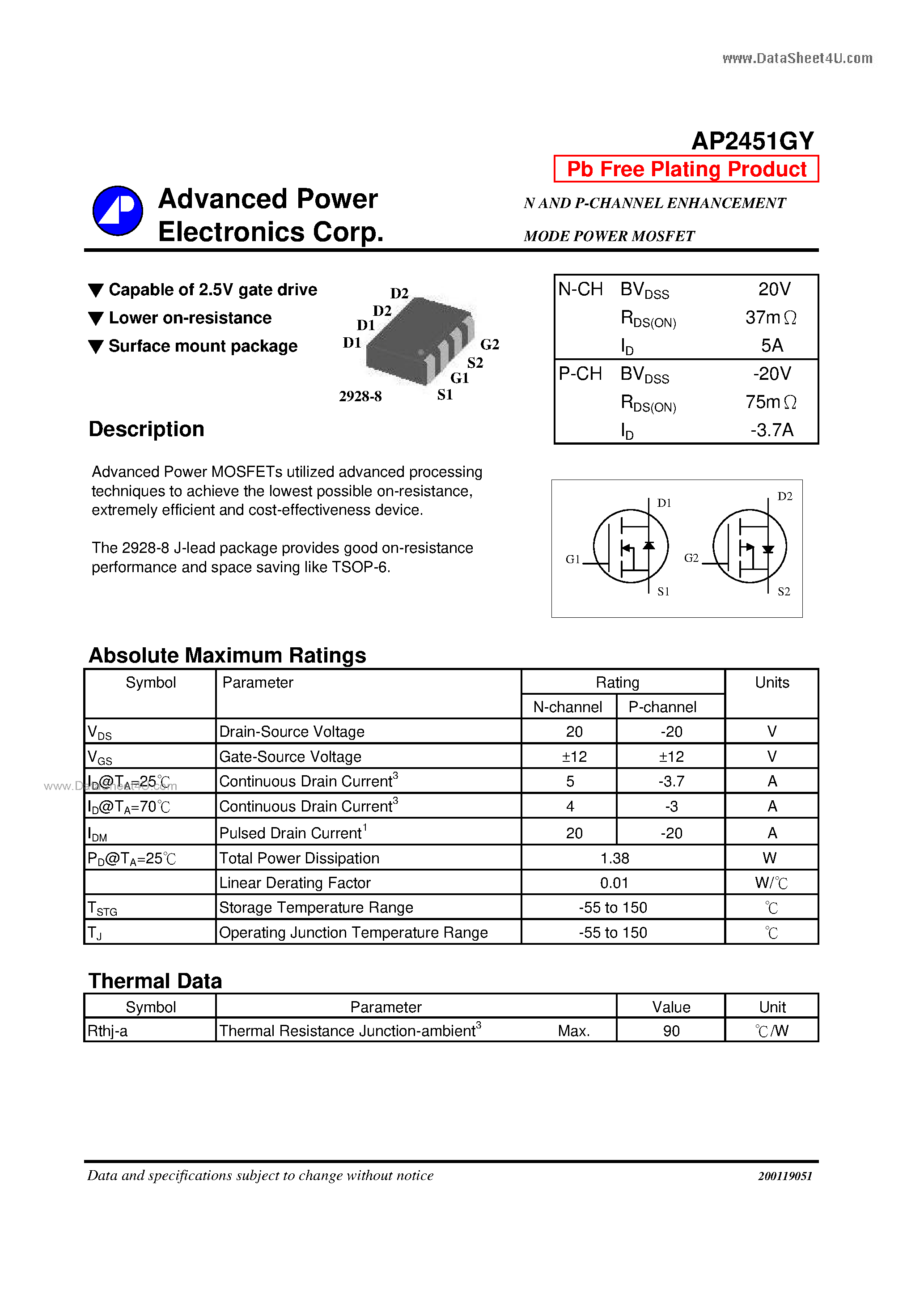 Даташит AP2451GY - N AND P-CHANNEL ENHANCEMENT MODE POWER MOSFET страница 1