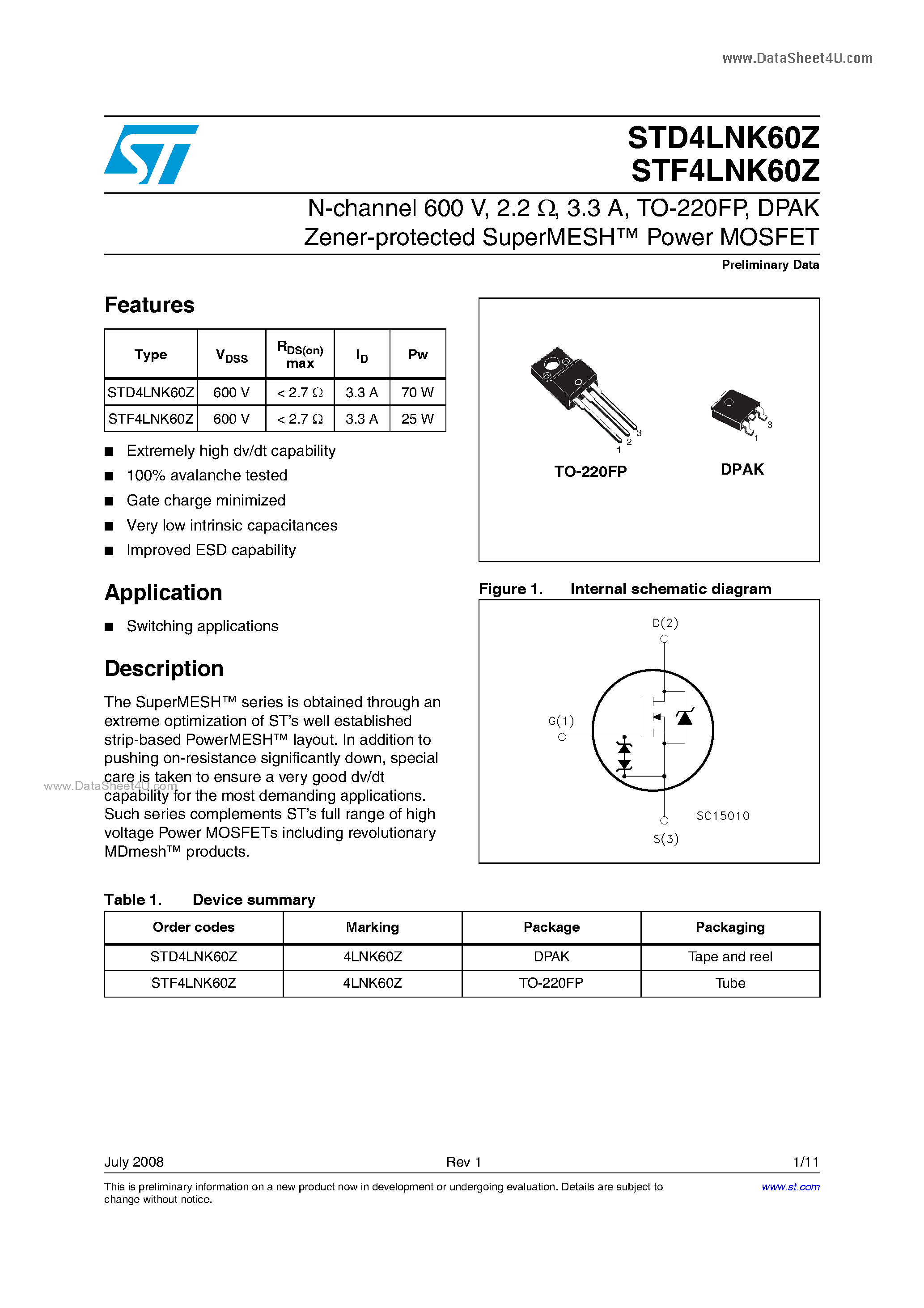 Datasheet STD4LNK60Z page 1 Datasheet STD4LNK60Z - N-channel Power MOSFET page 1