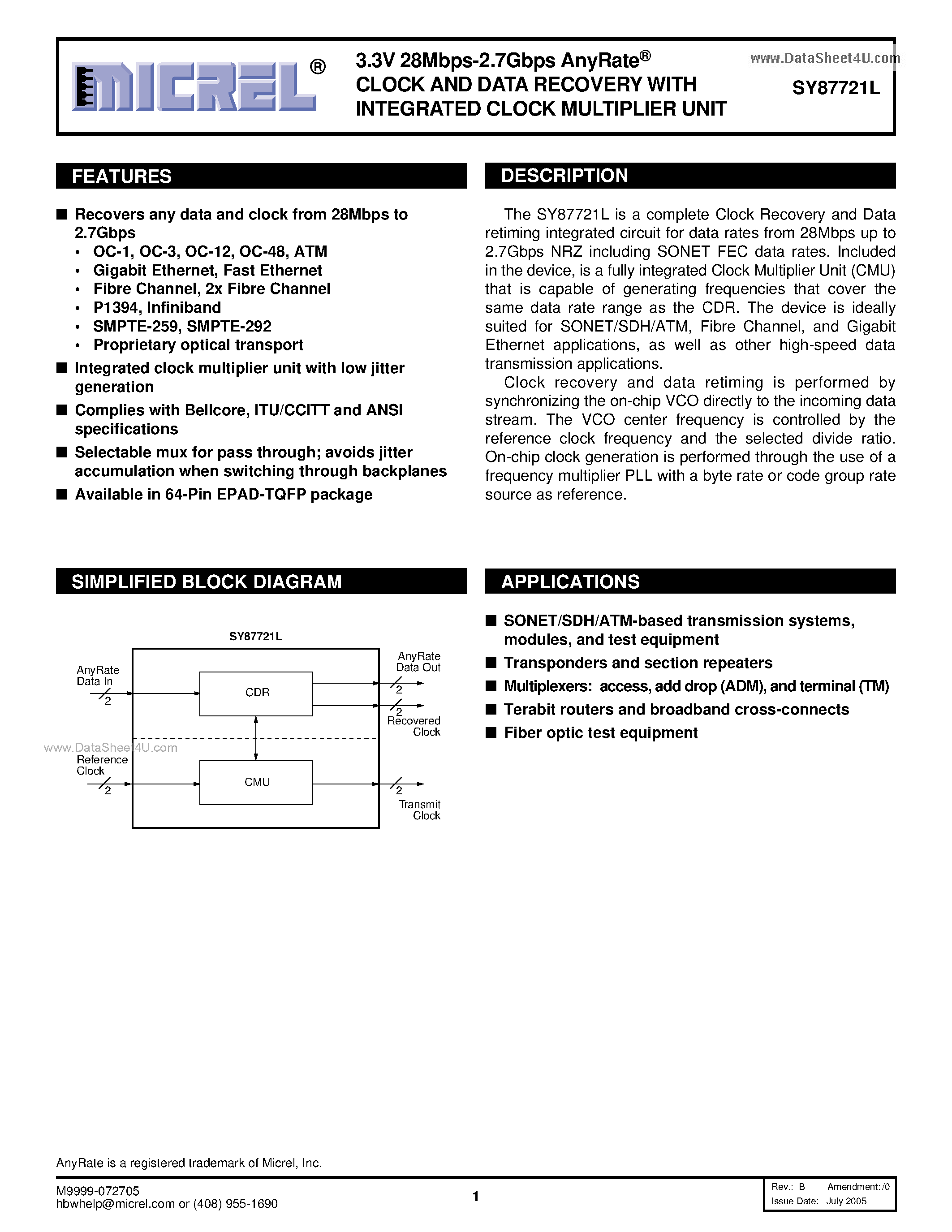 Datasheet SY87721L - 3.3V 28Mbps-2.7Gbps ANYRATE CLOCK AND DATA RECOVERY page 1