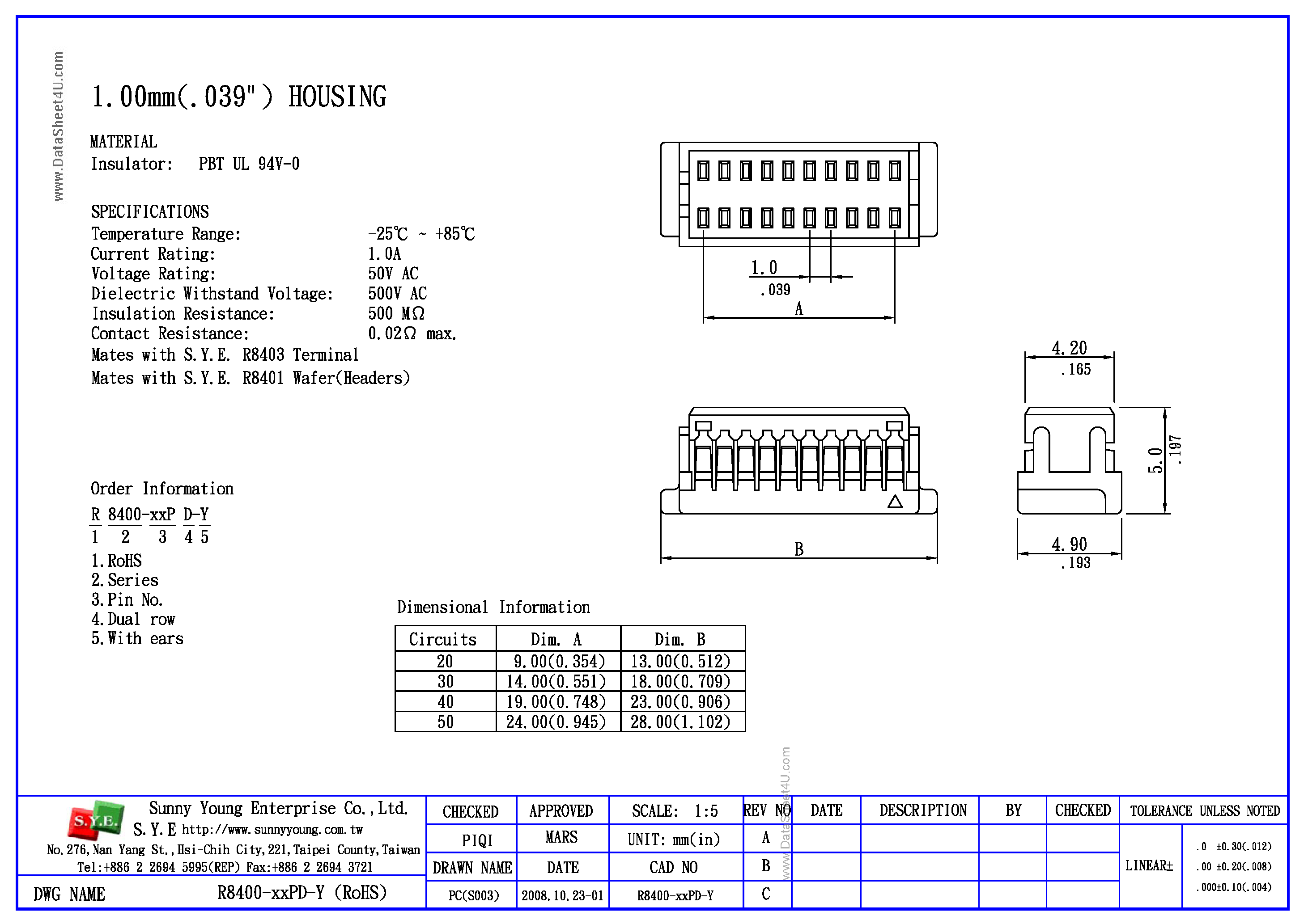 Datasheet R8400-xxPD-Y page 1 Datasheet R8400-xxPD-Y - Housing page 1