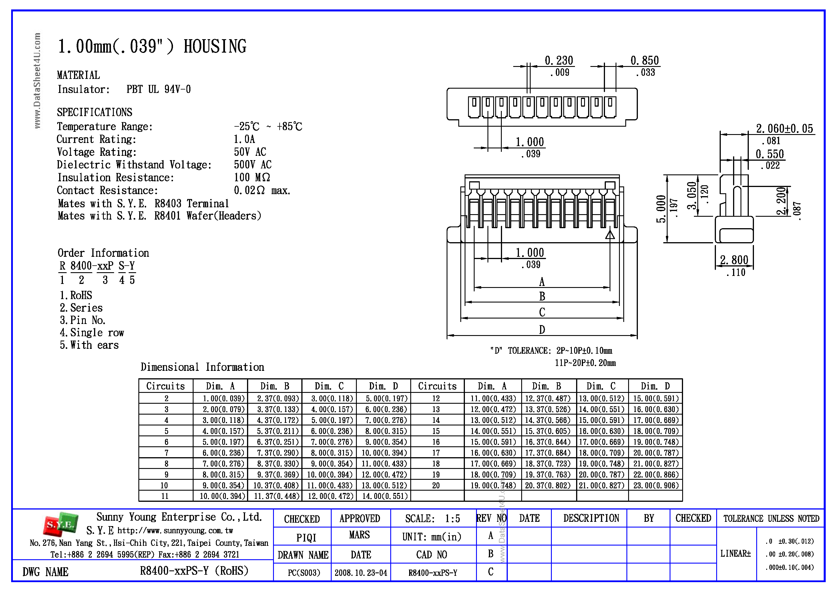 Datasheet R8400-xxPD-Y page 2 Datasheet R8400-xxPD-Y - Housing page 2