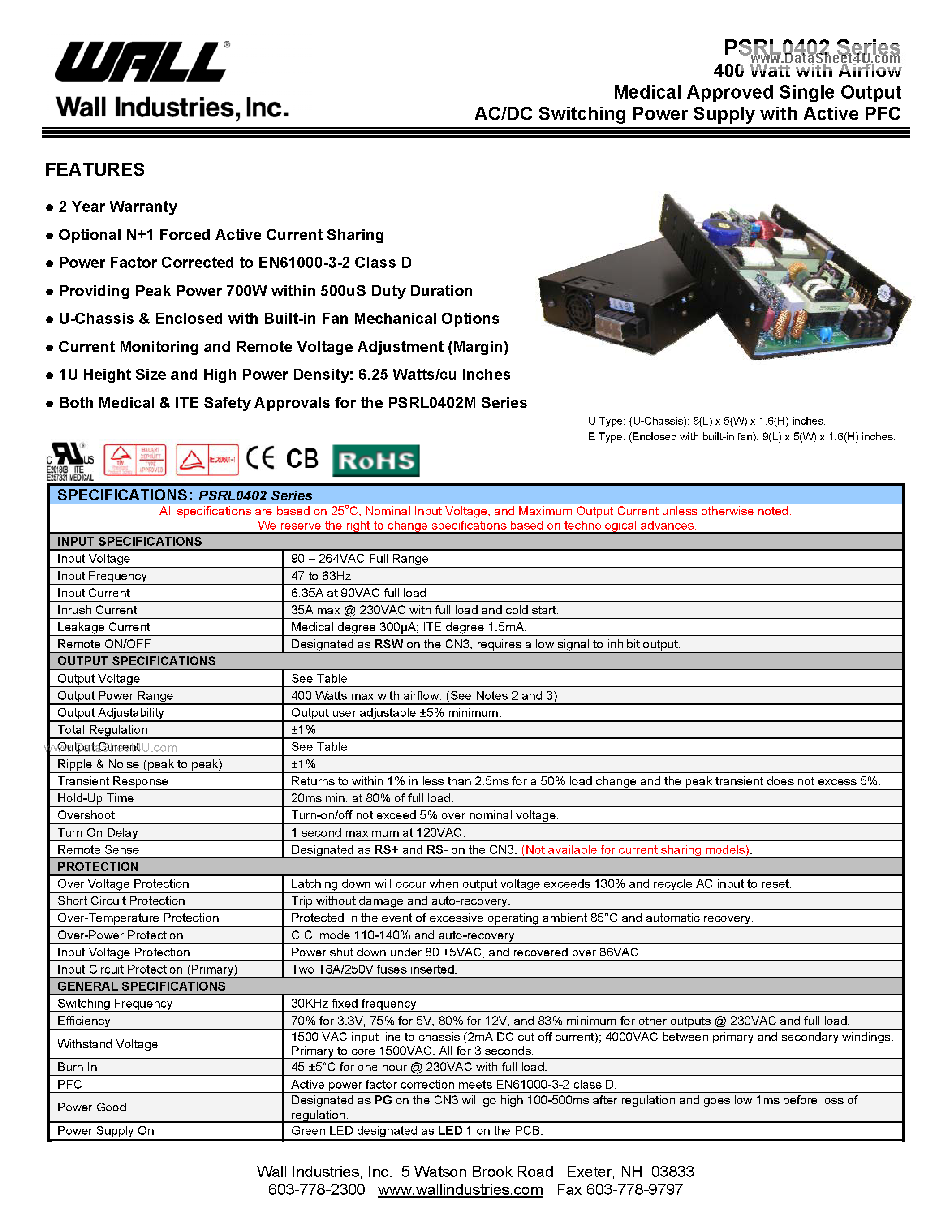 Datasheet PSRL0402 - 400 Watt with Airflow Medical Approved Single Output AC/DC Switching Power Supply page 1