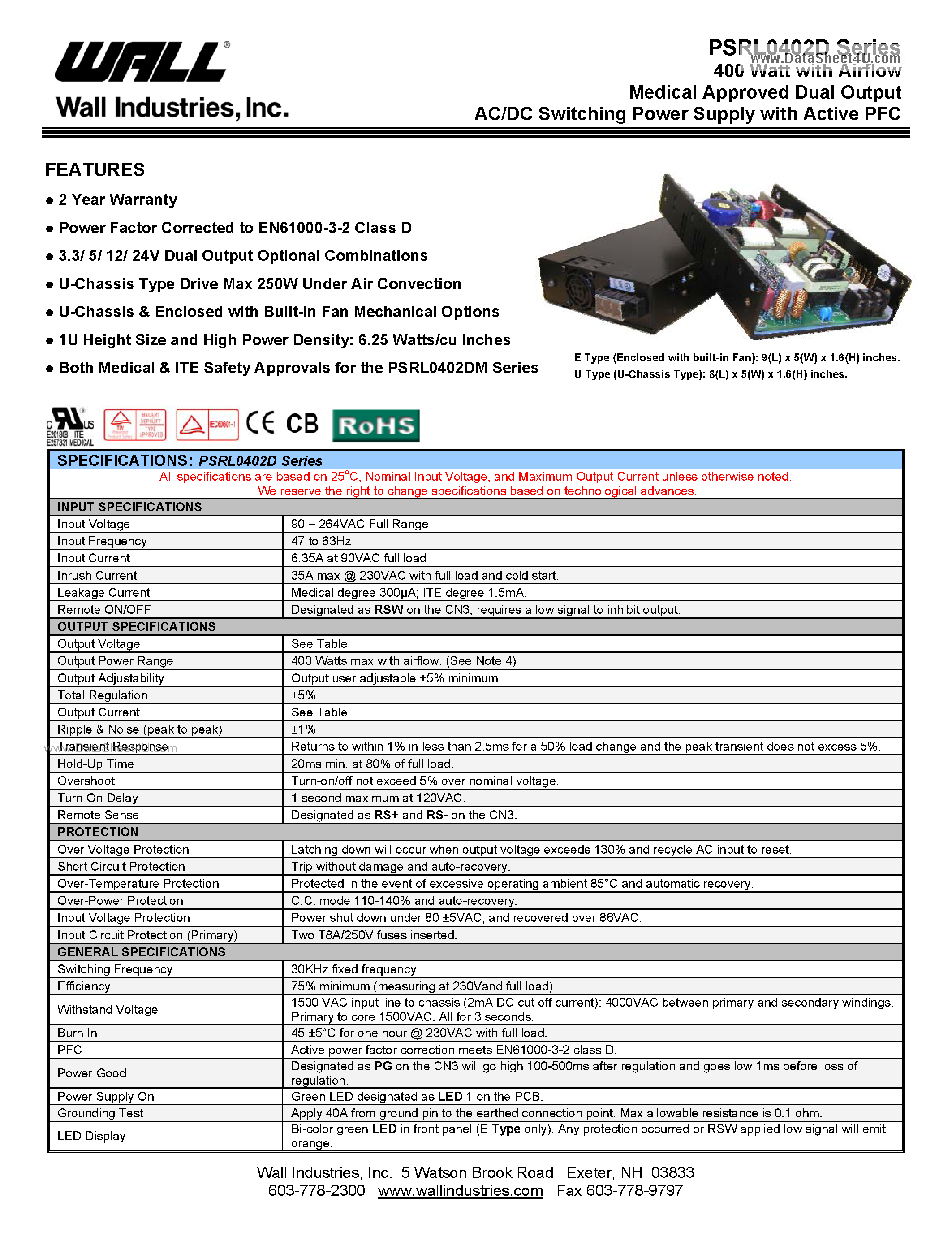 Datasheet PSRL0402D - 400 Watt with Airflow Medical Approved Single Output AC/DC Switching Power Supply page 1