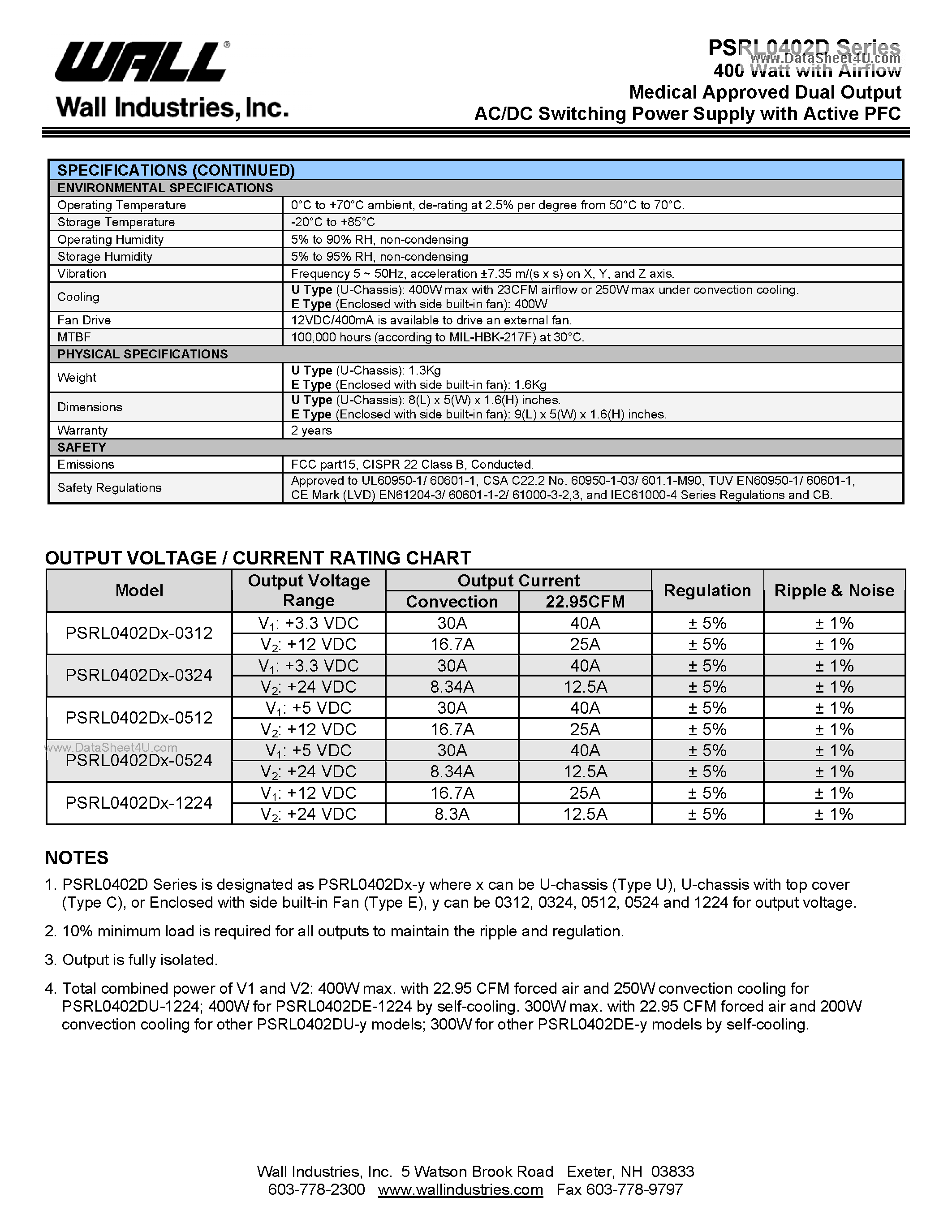 Datasheet PSRL0402D - 400 Watt with Airflow Medical Approved Single Output AC/DC Switching Power Supply page 2
