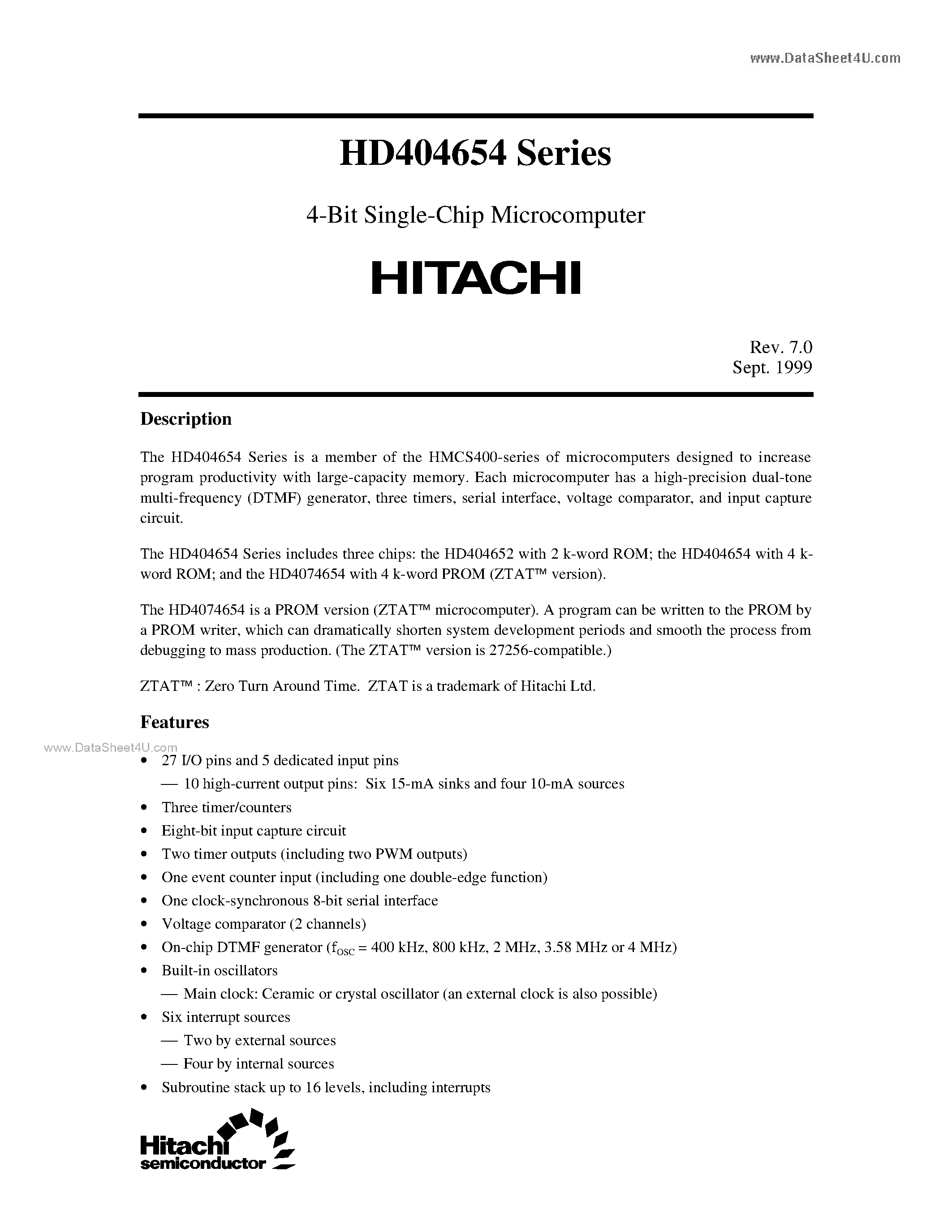 Datasheet HD404652H - 4-Bit Single-Chip Microcomputer page 1