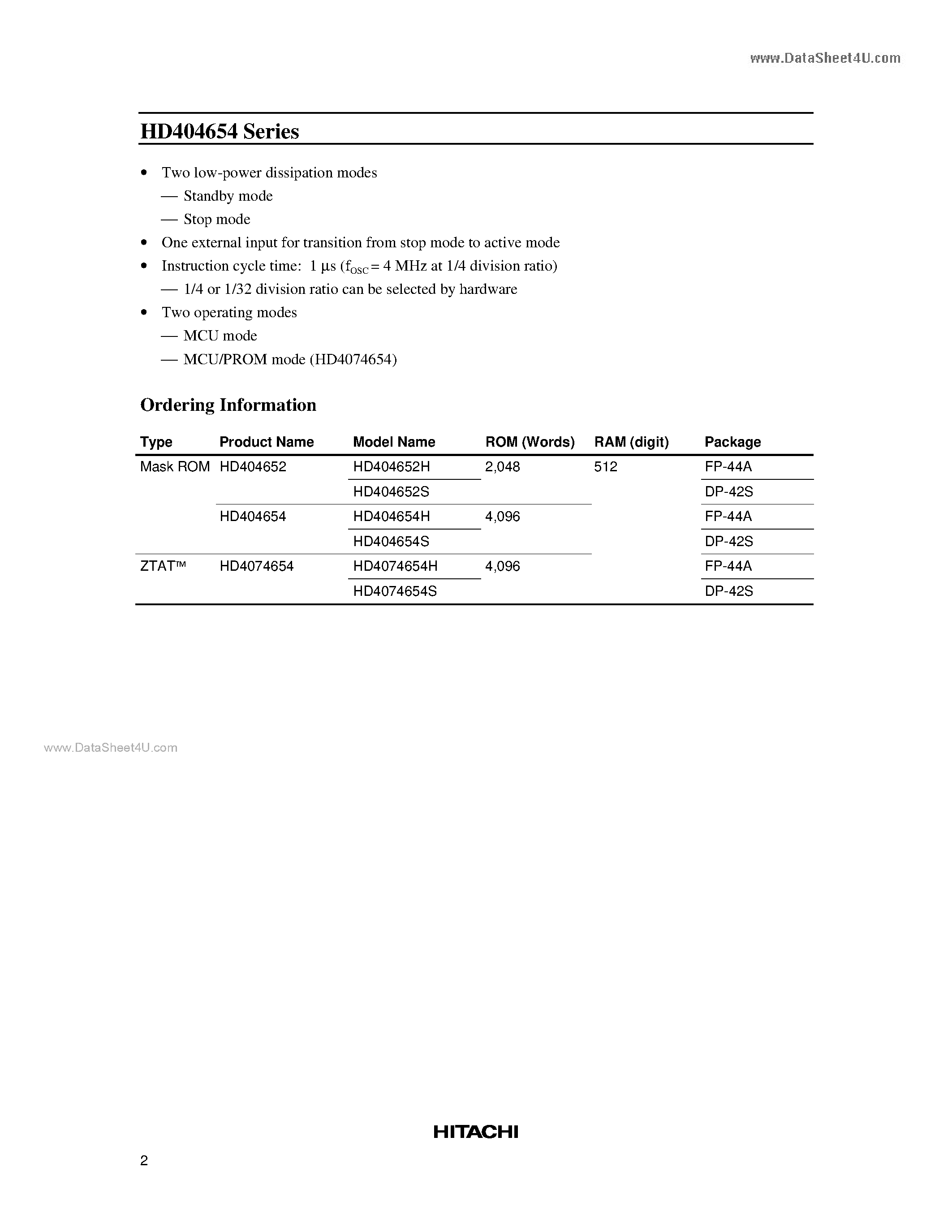 Datasheet HD404652H - 4-Bit Single-Chip Microcomputer page 2