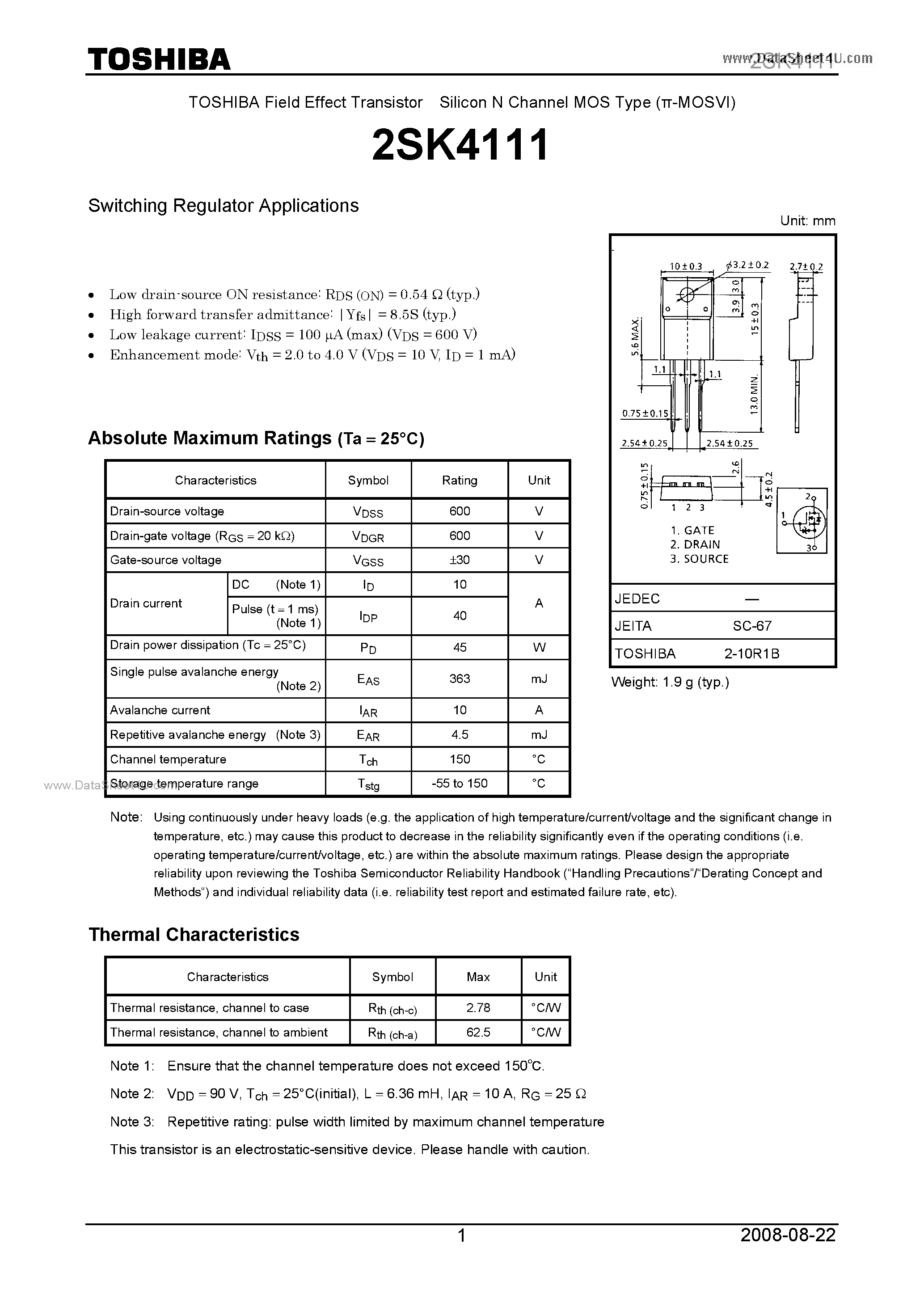 Datasheet 2SK4111 - Silicon N-Channel MOS Type page 1