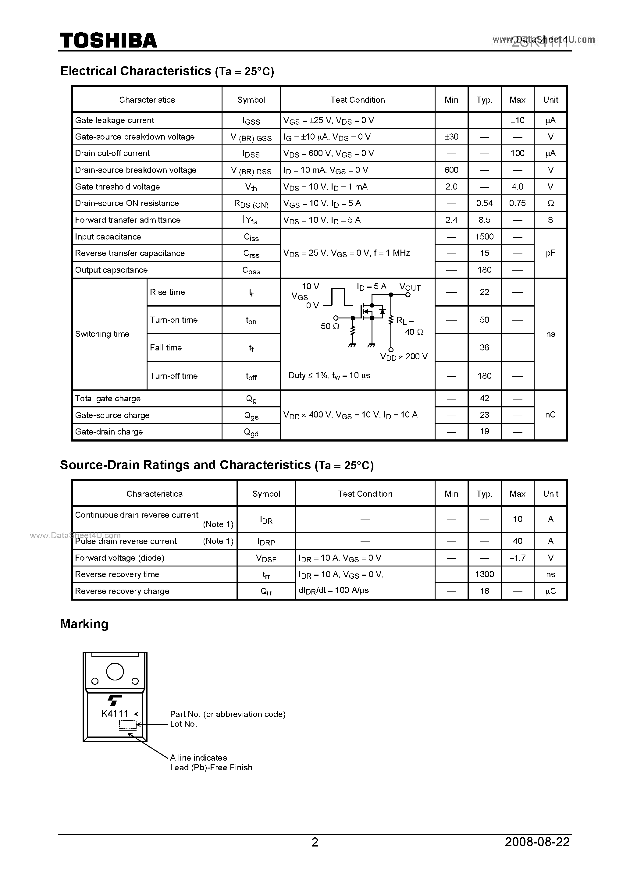 Datasheet 2SK4111 - Silicon N-Channel MOS Type page 2