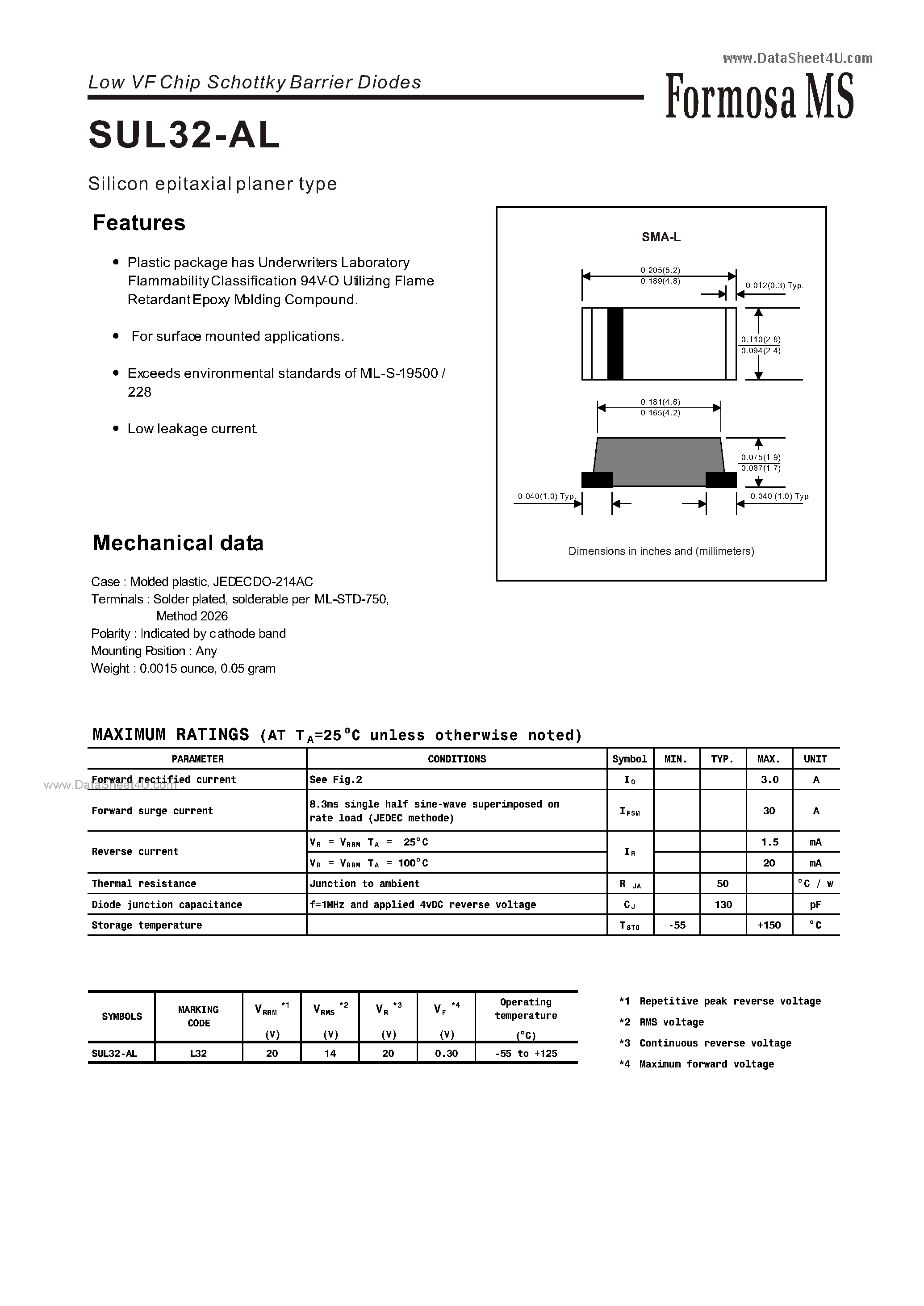 Даташит на микросхему SUL32-AL страница 1 Даташит SUL32-AL - Low VF Chip Schottky Barrier Diodes страница 1