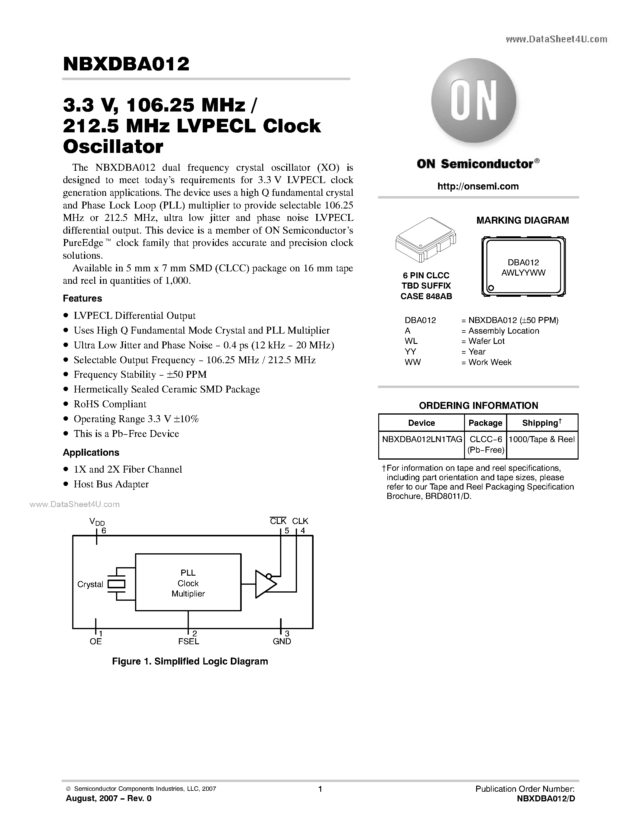 Datasheet NBXDBA012 - 106.25 MHz 212.5 MHz LVPECL Clock Oscillator page 1