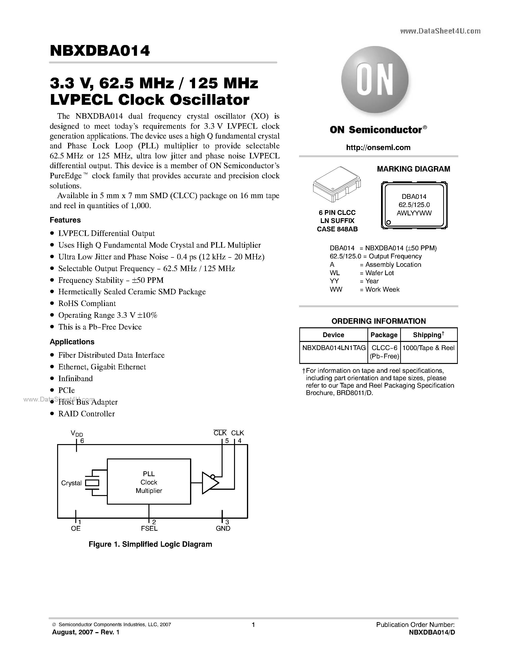 Datasheet NBXDBA014 - 62.5 MHz / 125 MHz LVPECL Clock Oscillator page 1