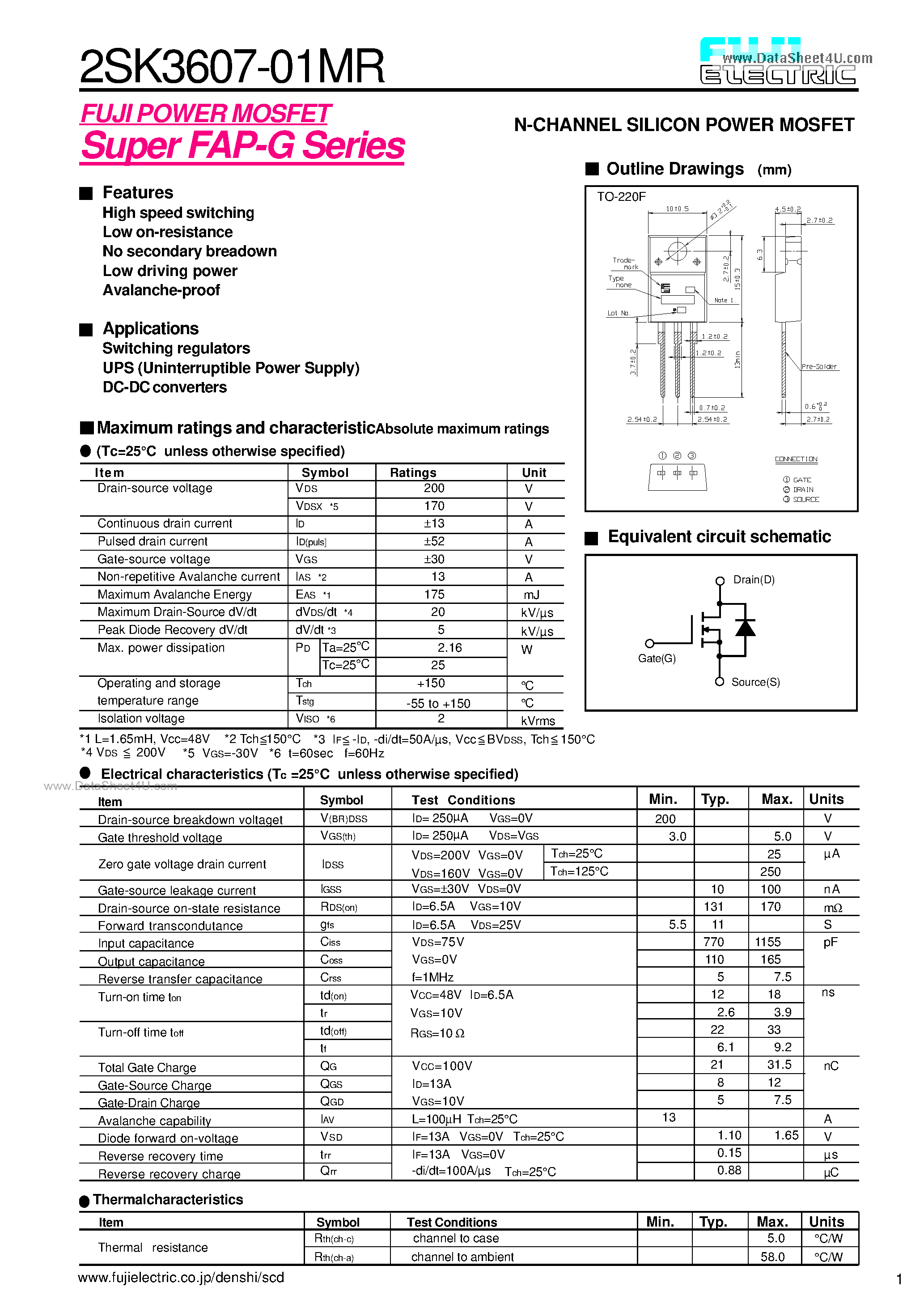 Datasheet 2SK3607-01MR - N-CHANNEL SILICON POWER MOSFET page 1