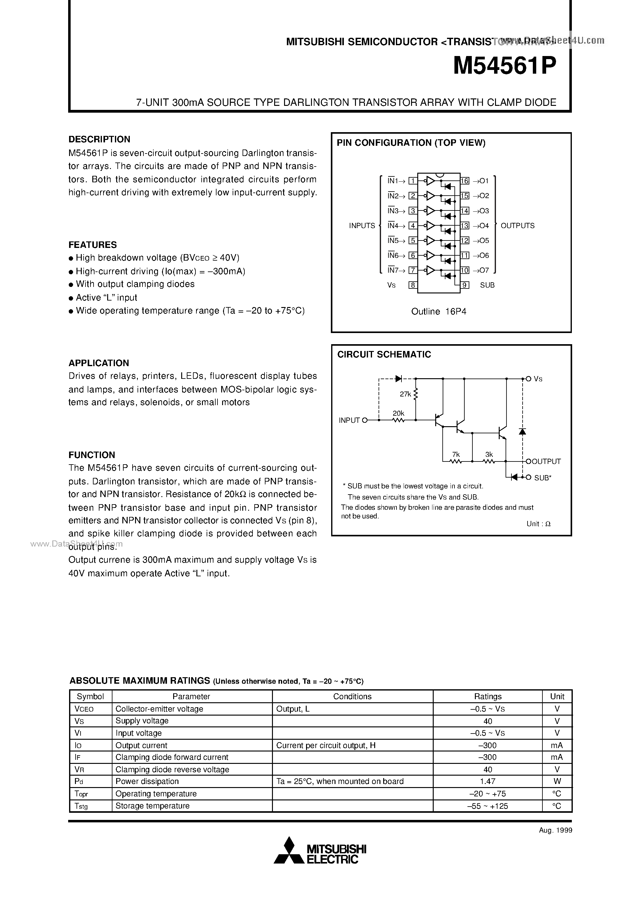 Даташит на микросхему M54561P страница 1 Даташит M54561P - 7-UNIT 300mA SOURCE TYPE DARLINGTON TRANSISTOR ARRAY страница 1