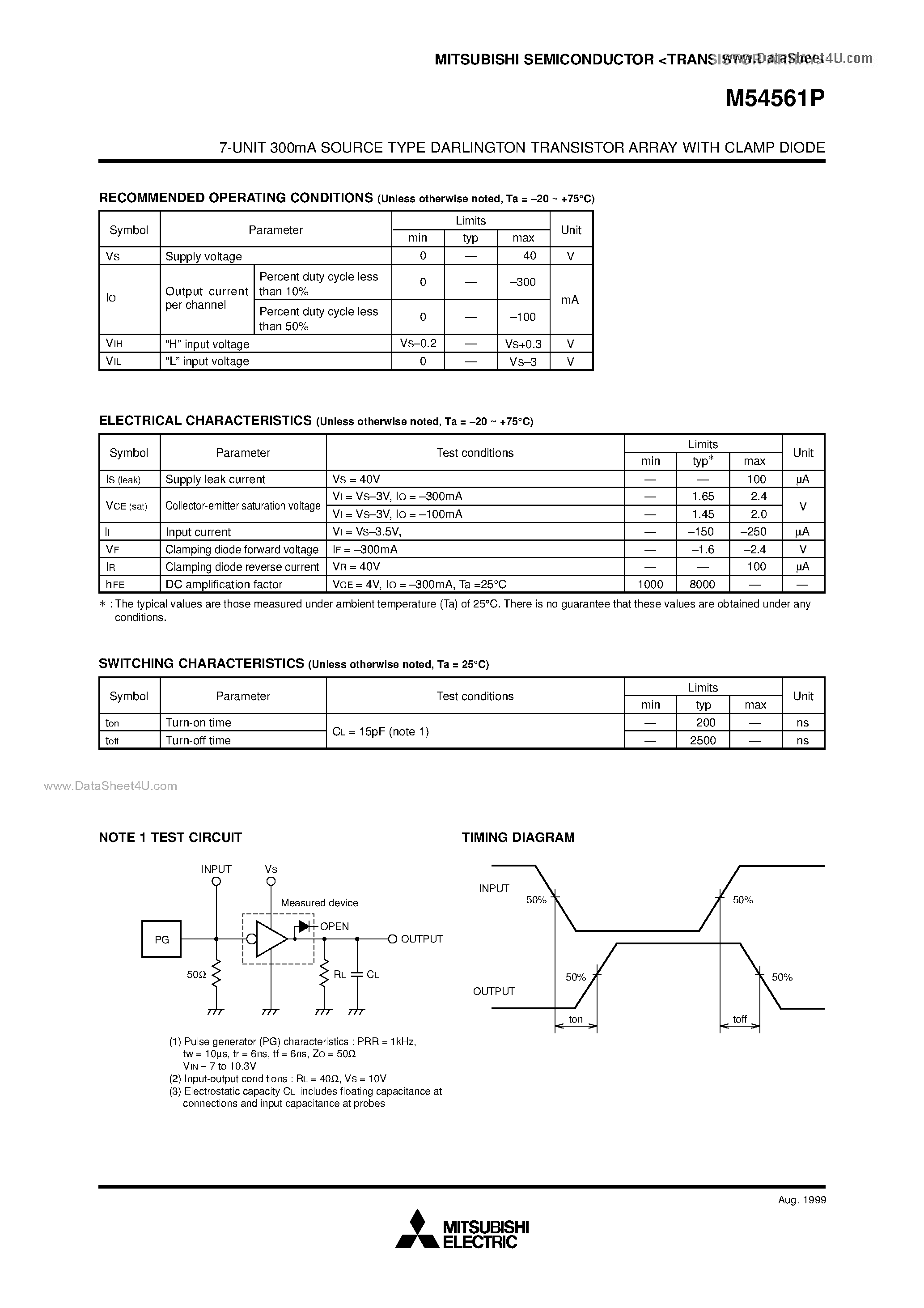 Даташит на микросхему M54561P страница 2 Даташит M54561P - 7-UNIT 300mA SOURCE TYPE DARLINGTON TRANSISTOR ARRAY страница 2