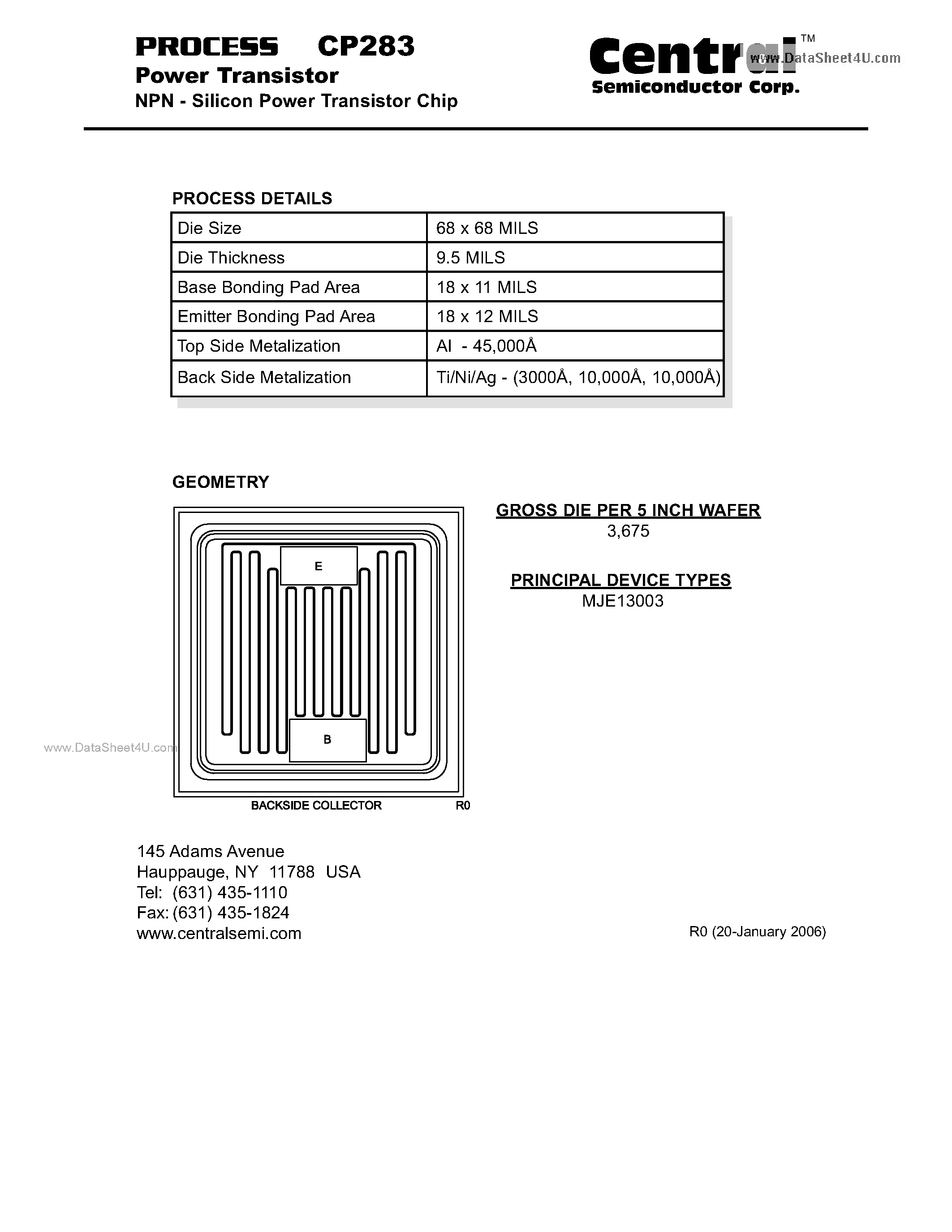 Datasheet CP283 page 1 Datasheet CP283 - Power Transistor NPN - Silicon Power Transistor Chip page 1