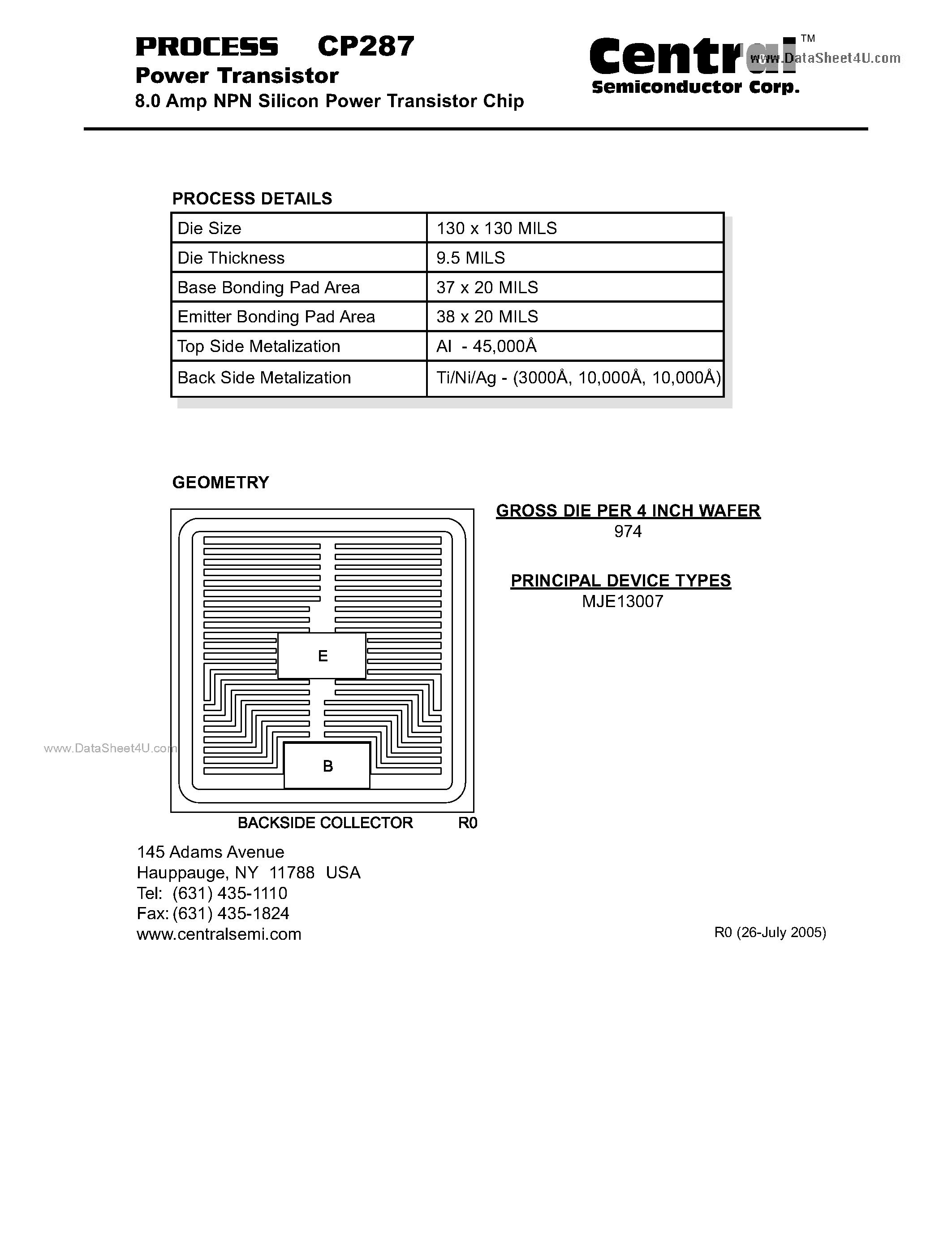 Datasheet CP287 page 1 Datasheet CP287 - Power Transistor 8.0 Amp NPN Silicon Power Transistor Chip page 1
