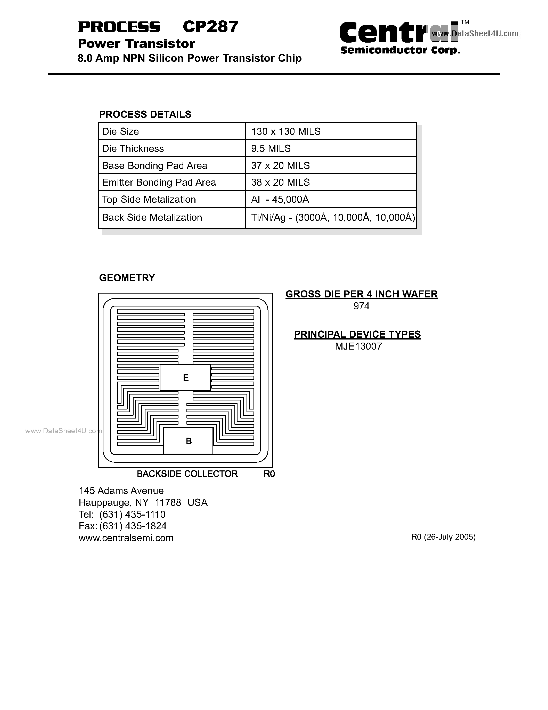 Даташит CP287 - Power Transistor 8.0 Amp NPN Silicon Power Transistor Chip страница 1