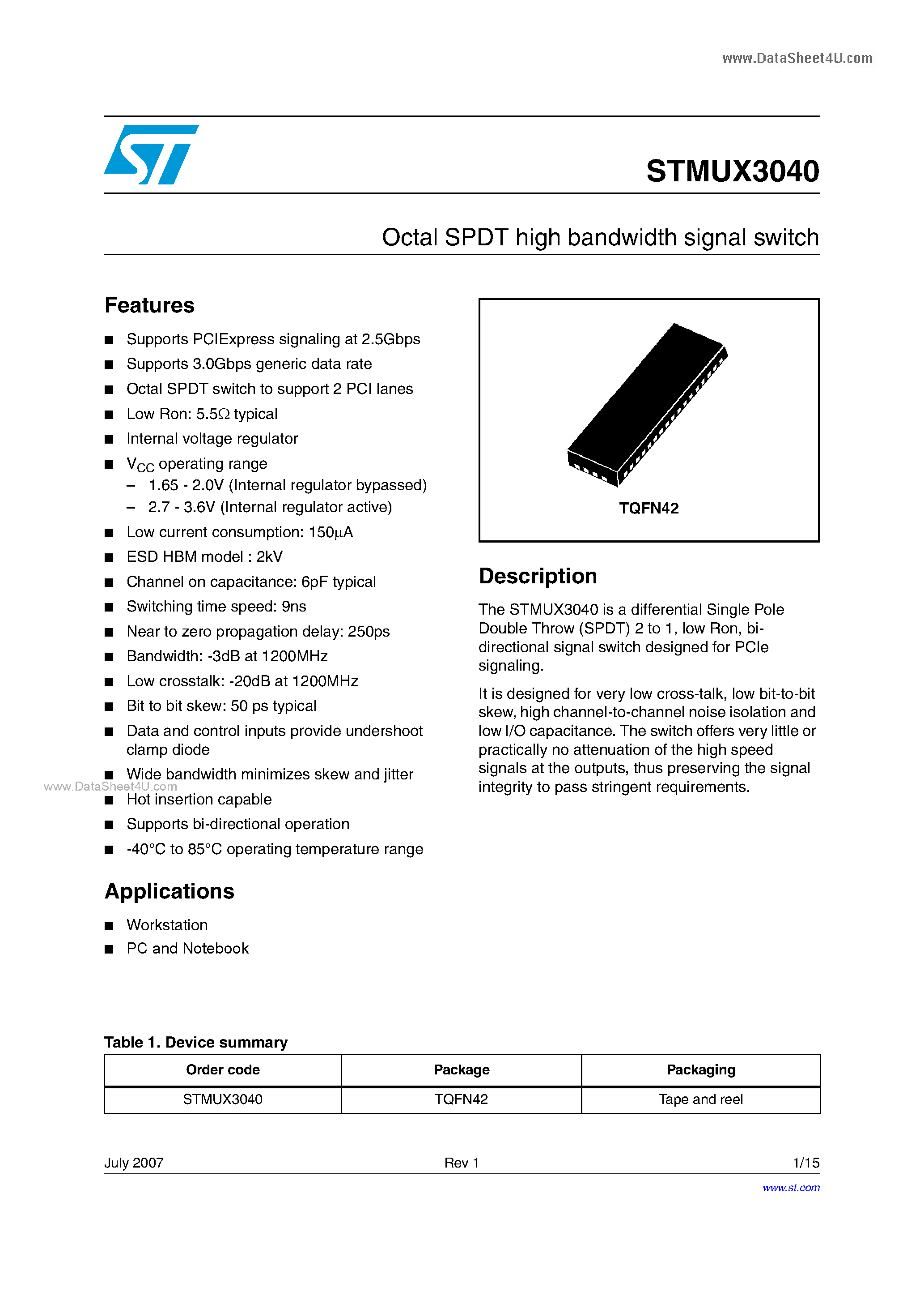 Datasheet STMUX3040 page 1 Datasheet STMUX3040 - Octal SPDT high bandwidth signal switch page 1
