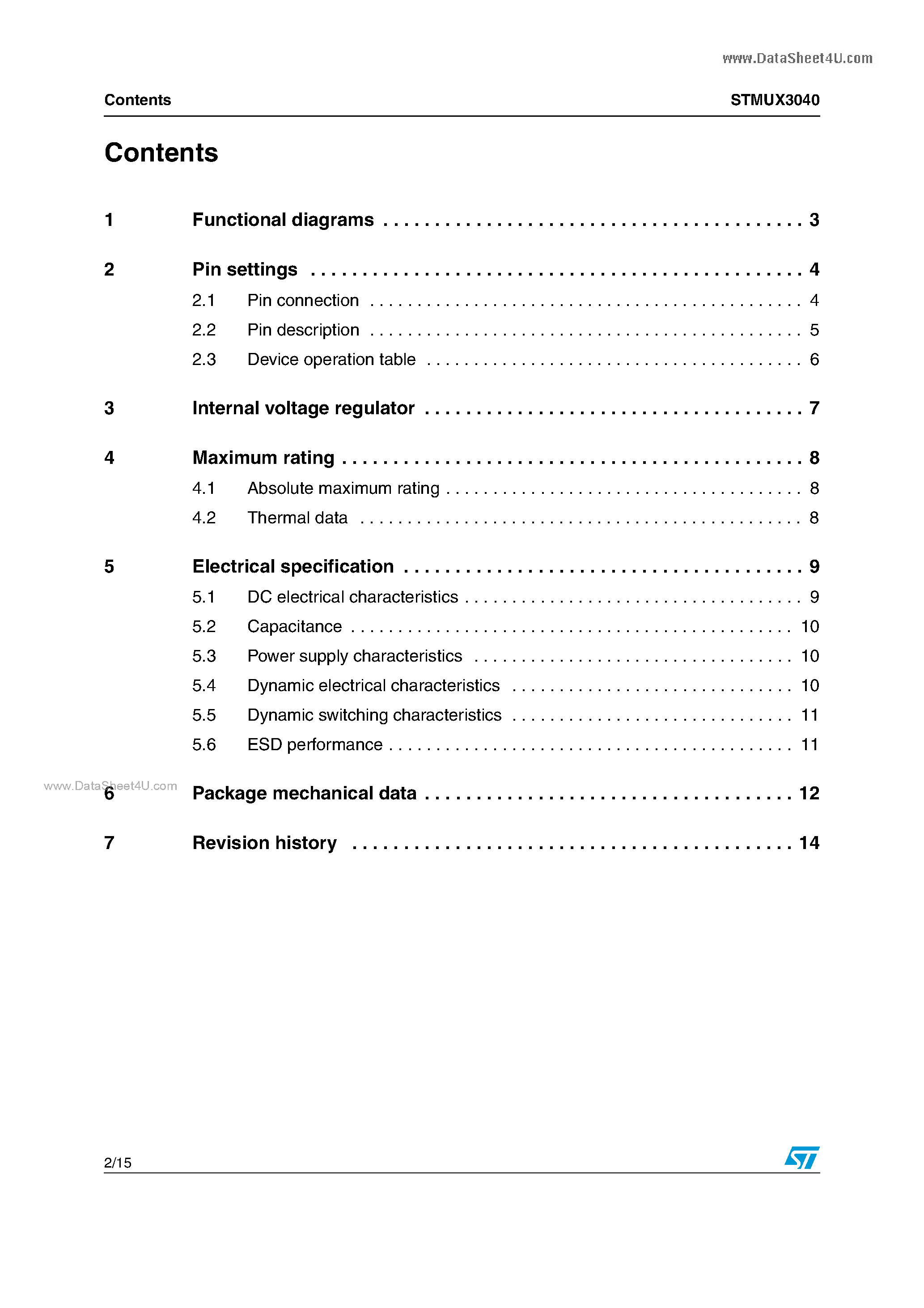 Datasheet STMUX3040 page 2 Datasheet STMUX3040 - Octal SPDT high bandwidth signal switch page 2